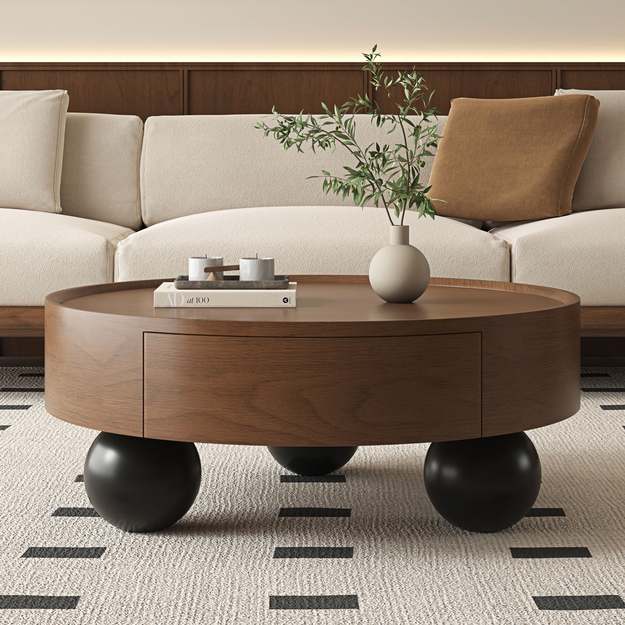Round Coffee Table With Storage Drawer And Ball Feet - Walnut / Black