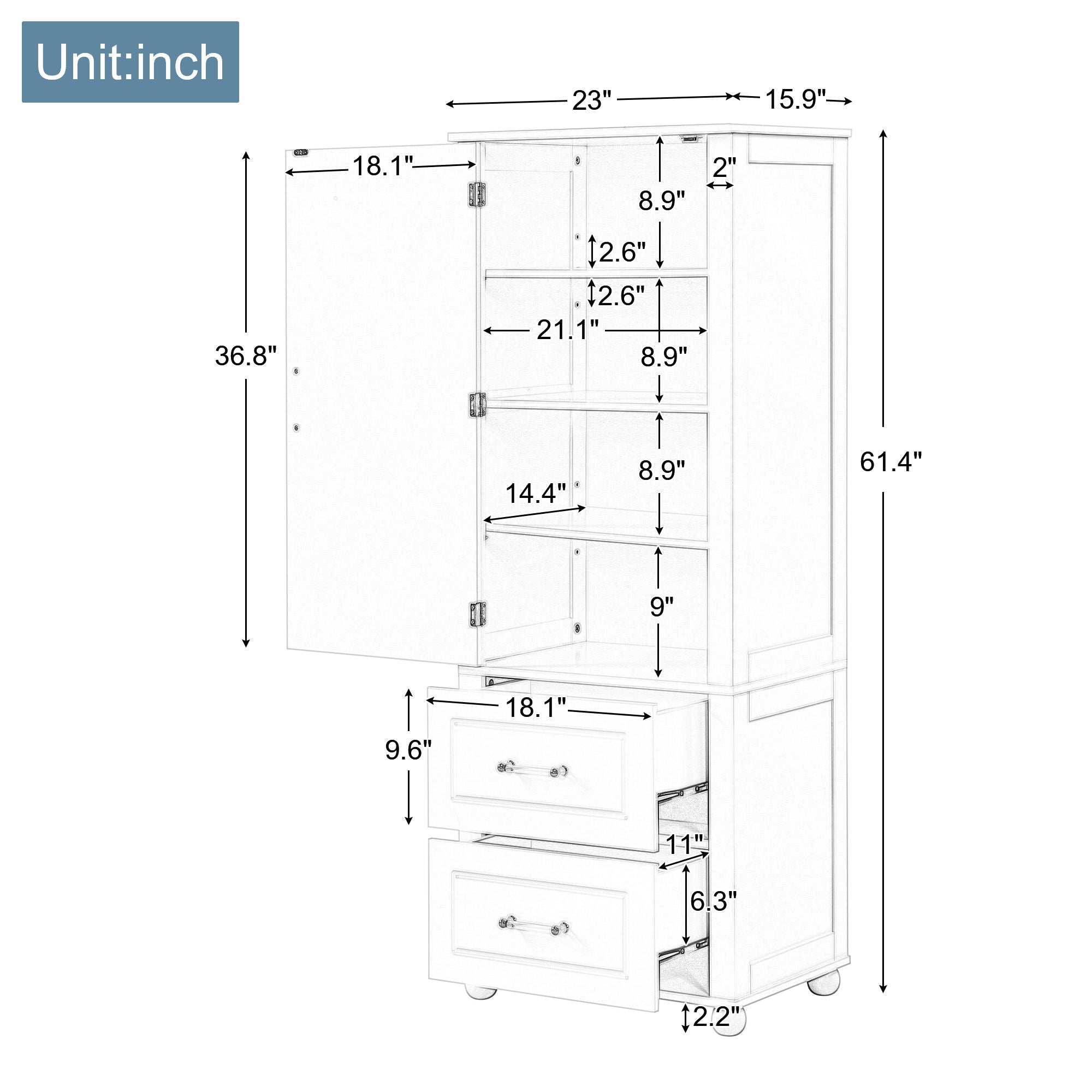 Tall Freestanding Bathroom Storage Cabinet With 2 Drawers And Adjustable Shelf