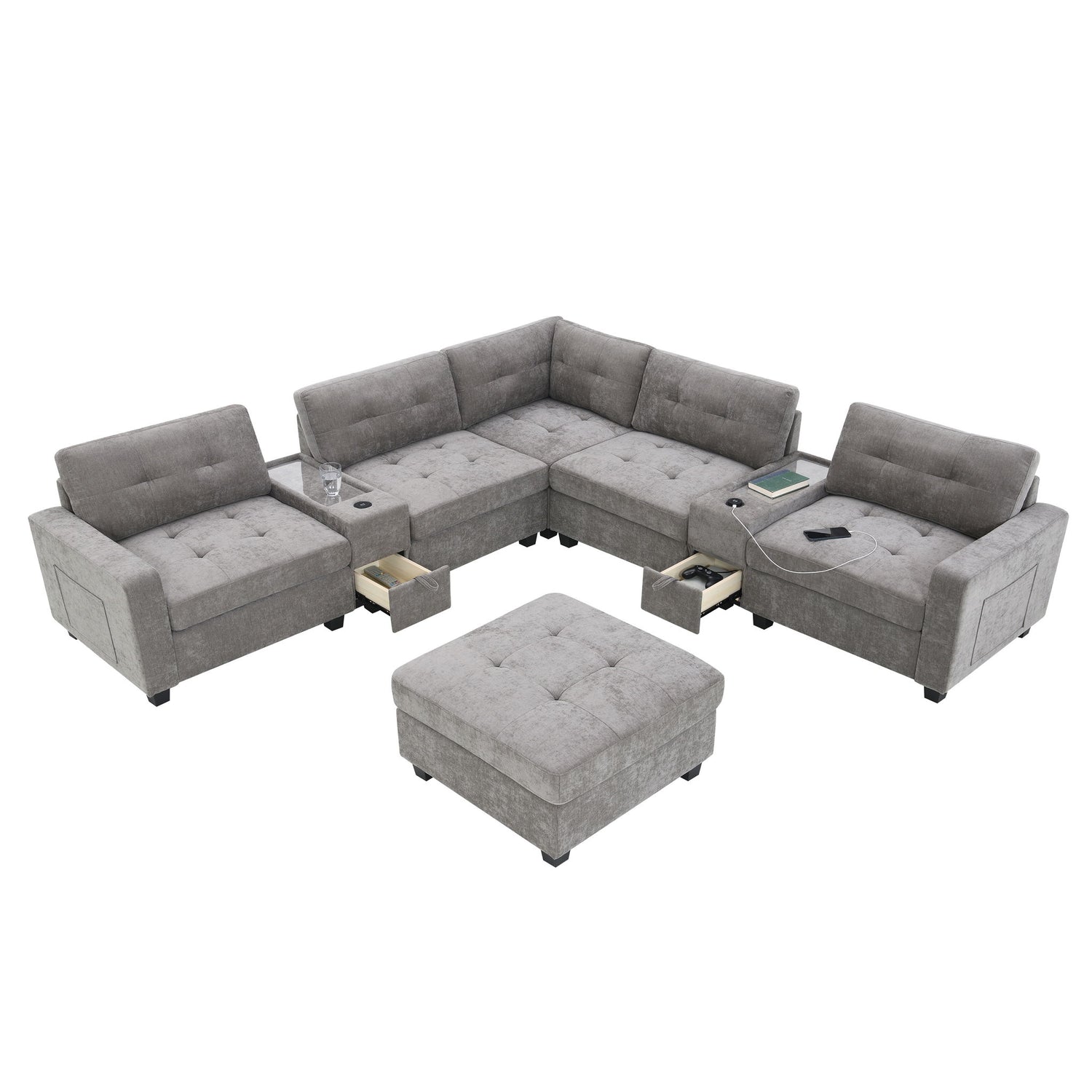 Sectional With Acrylic Table Top U Shaped Couch Set With 2 Consoles USB Charger, Storage Drawers And Pockets Movable Ottoman Tufted Sofa