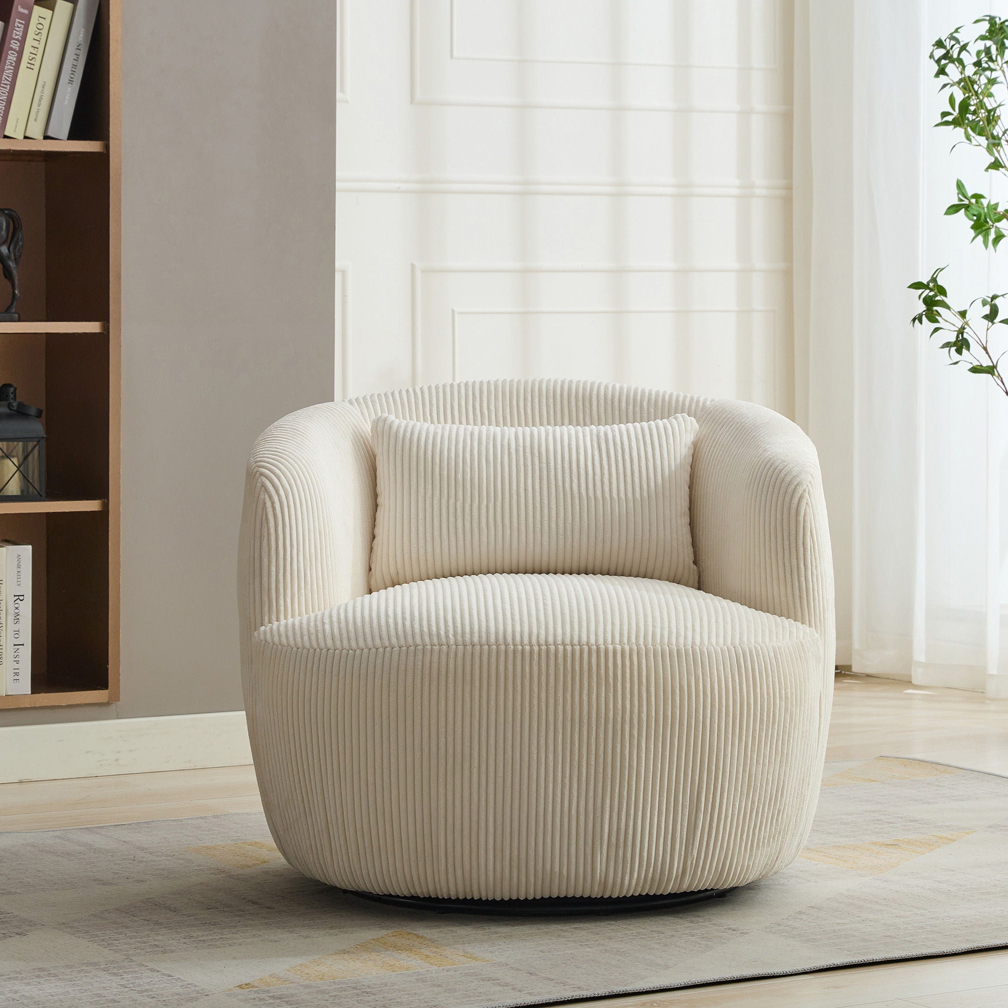 Wide Upholstered Corduroy 360° Swivel Barrel Soft Chair With Pillow