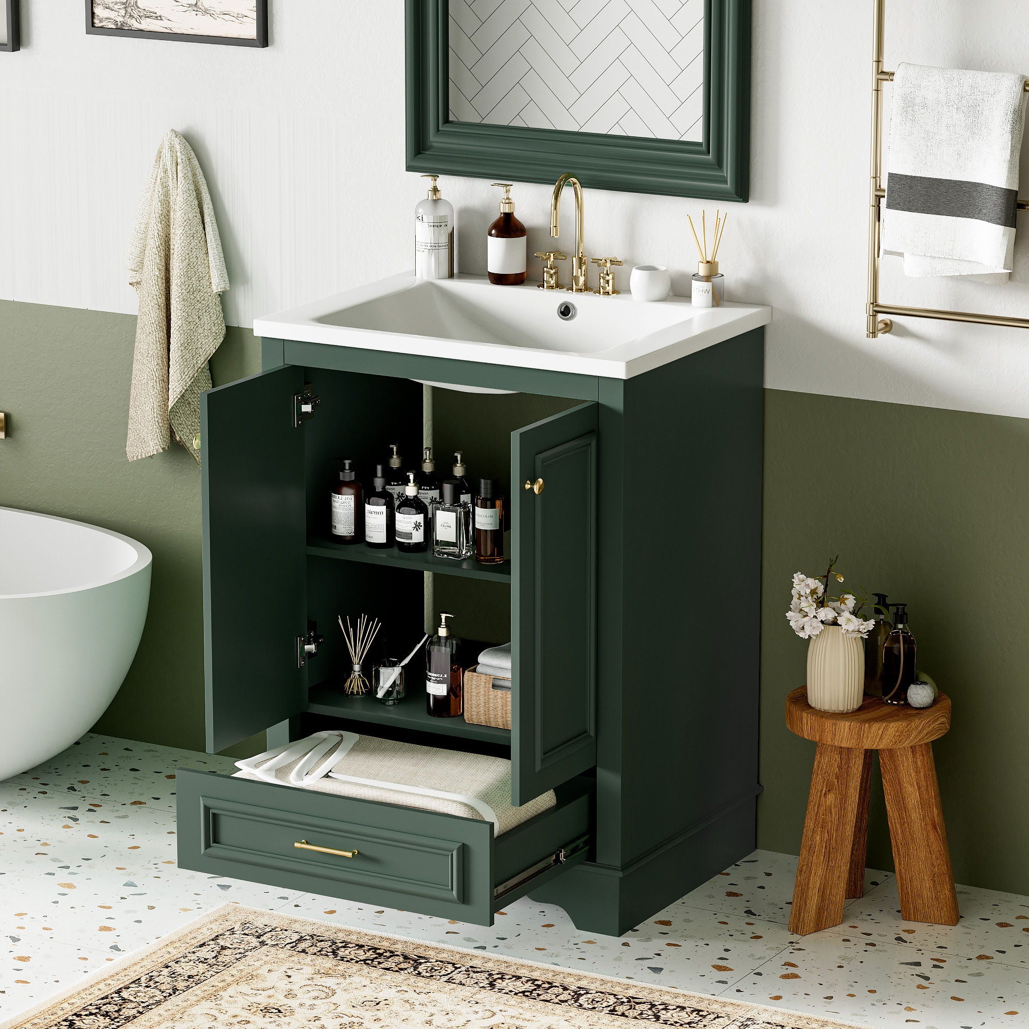 Bathroom Vanity With Ceramic Sink Combo, Modern Freestanding Storage Cabinet With Silver Handles