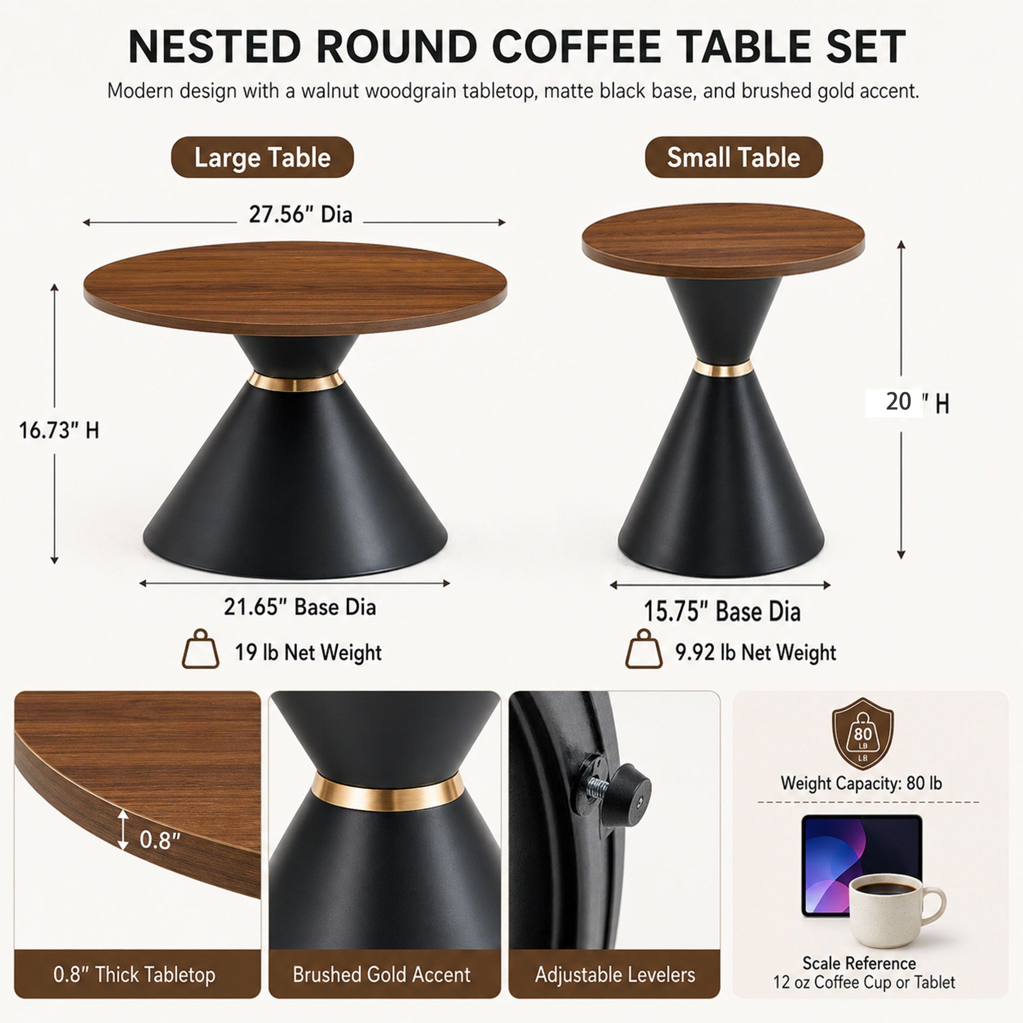 2 Piece Round Coffee Table Set For Living Room