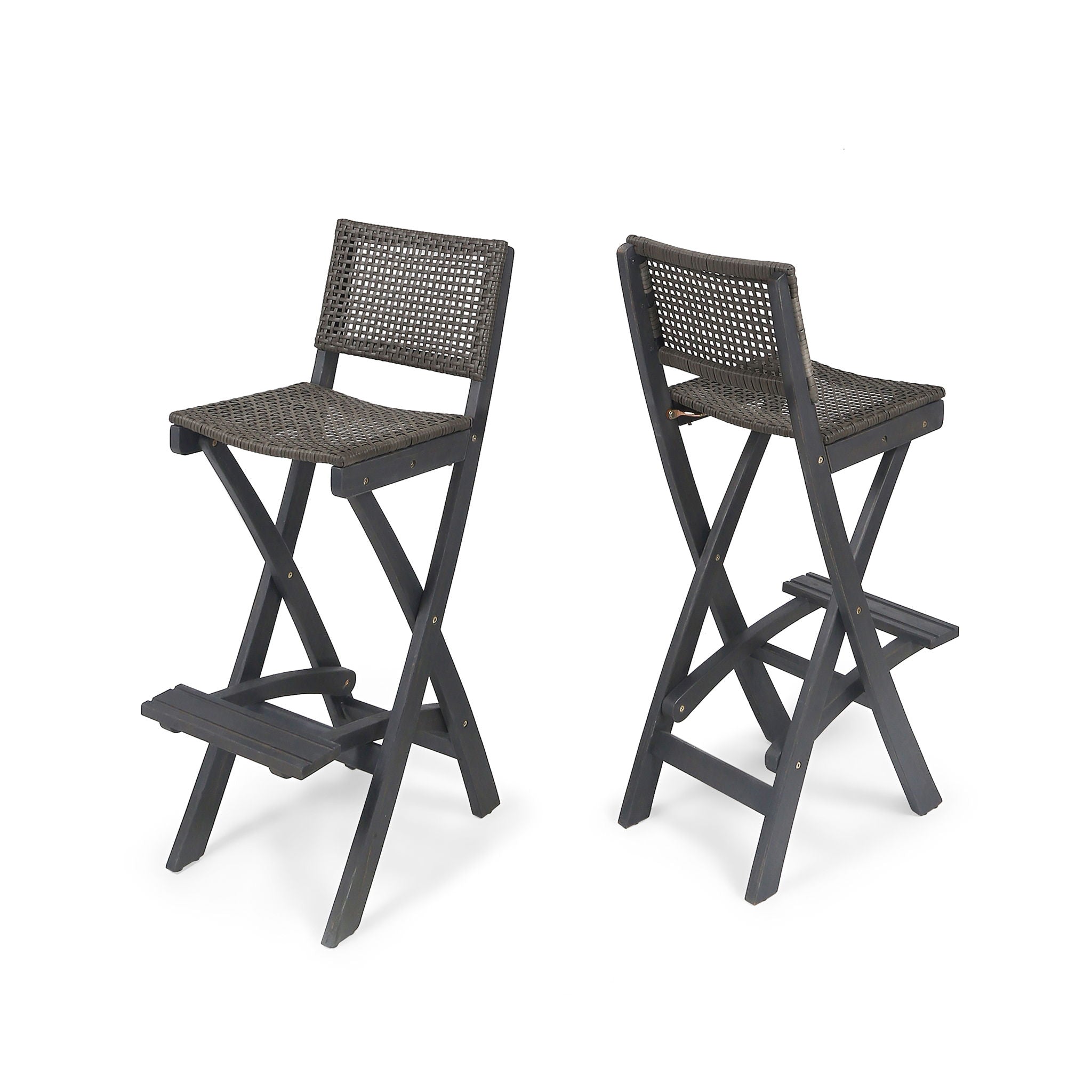 Outdoor Folding Acacia Wood Barstools With Rattan Backrest And Seat, (Set of 2) - Dark Gray