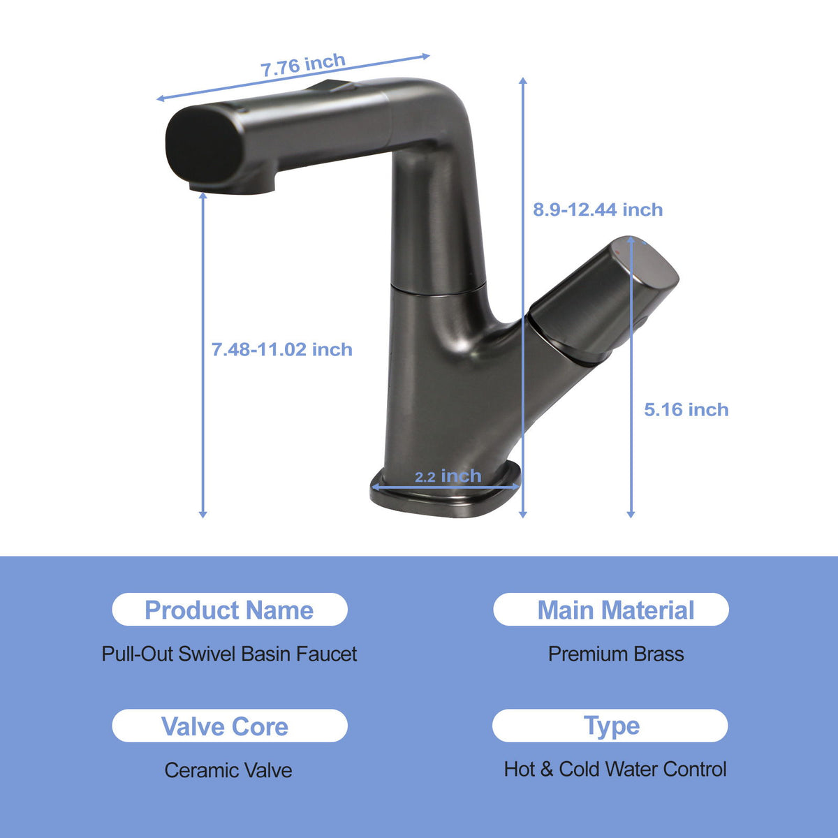 Pull Down Bathroom Sink Faucet With 3 Water Modes And Stainless Steel Construction - Gunmetal Black