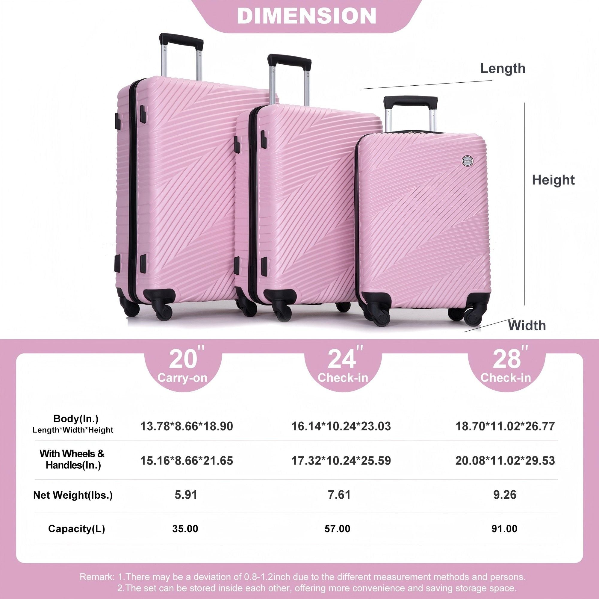 3 Piece Luggage Sets Lightweight Suitcase With Two Hooks, Spinner Wheels,