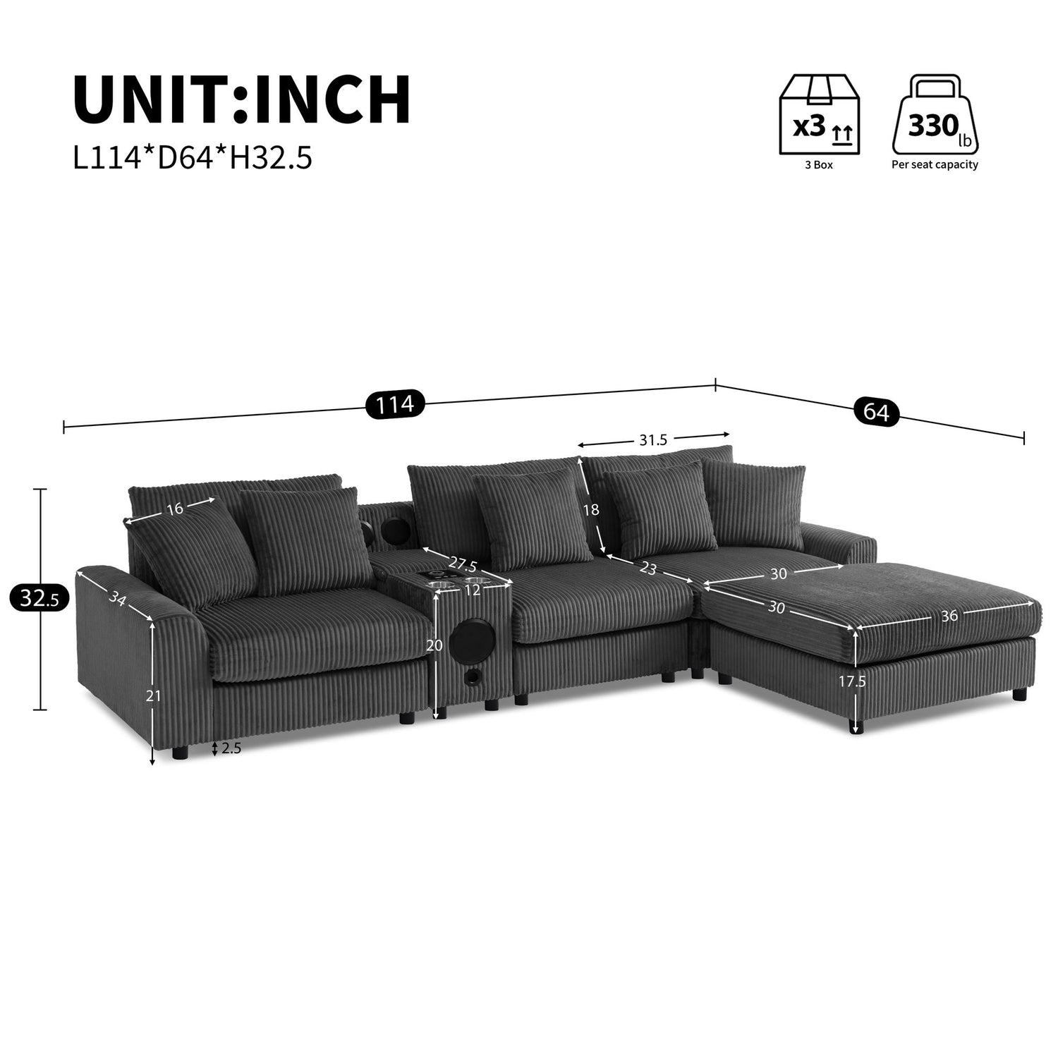 Sectional With Bluetooth Speakers L Shaped Couch With Console USB Charger, Cup Holders Storage Ottoman Deep And Wide Seat Cloud Sofa