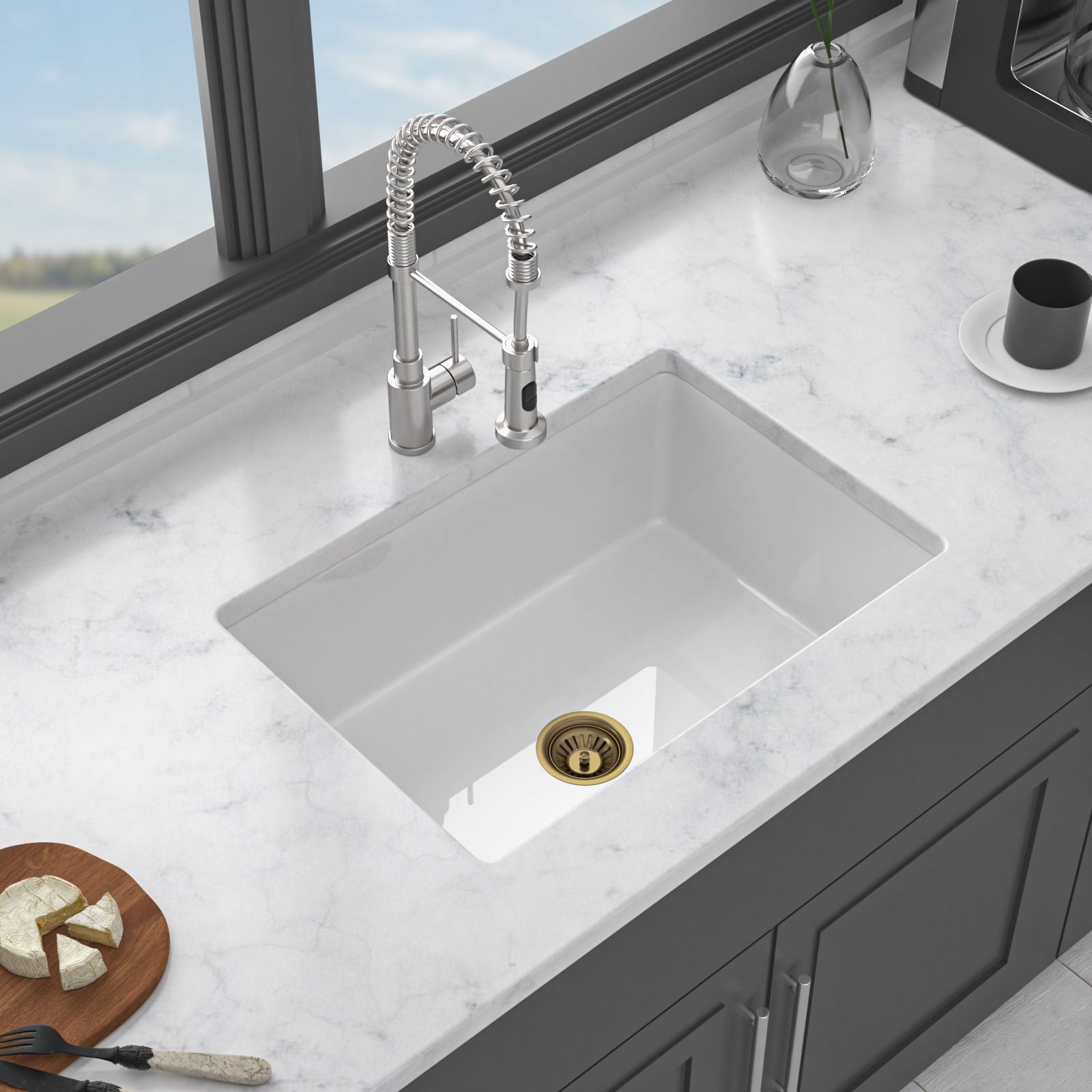Undermount Single Bowl Ceramic Kitchen Sink, Dual Mount