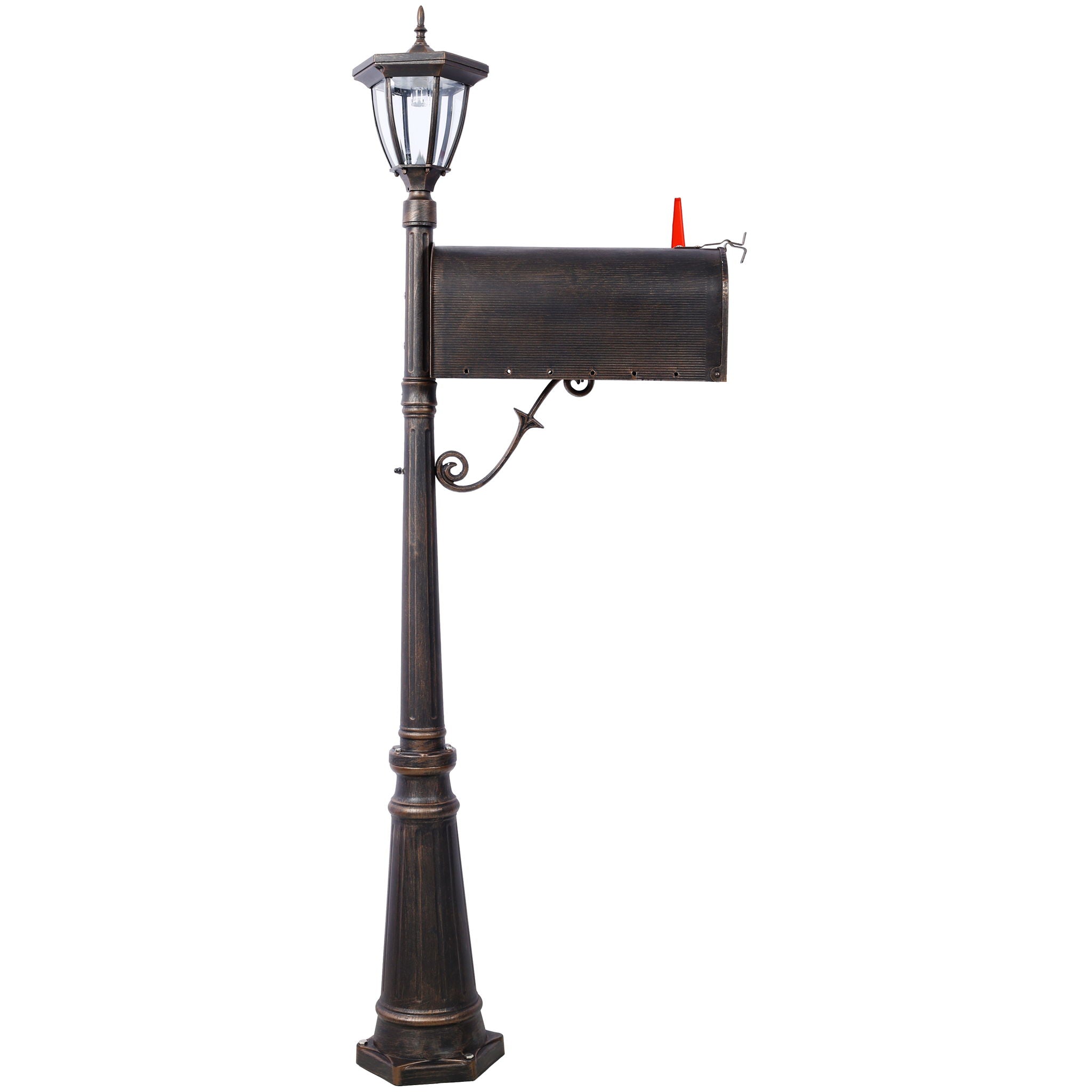 Stratford - Heavy Duty Cast Aluminum Mailbox With Post And Solar Light, Fluted Base, Decorative Modern Mailbox - Brown