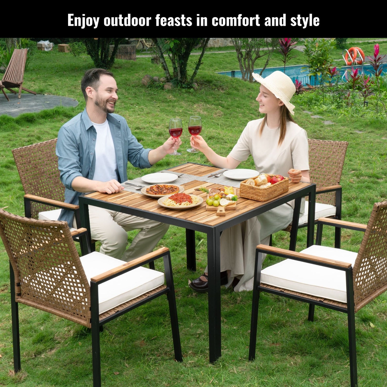 5 Piece Patio Dining Table Set, Acacia Wood Table Top With Umbrella Hole