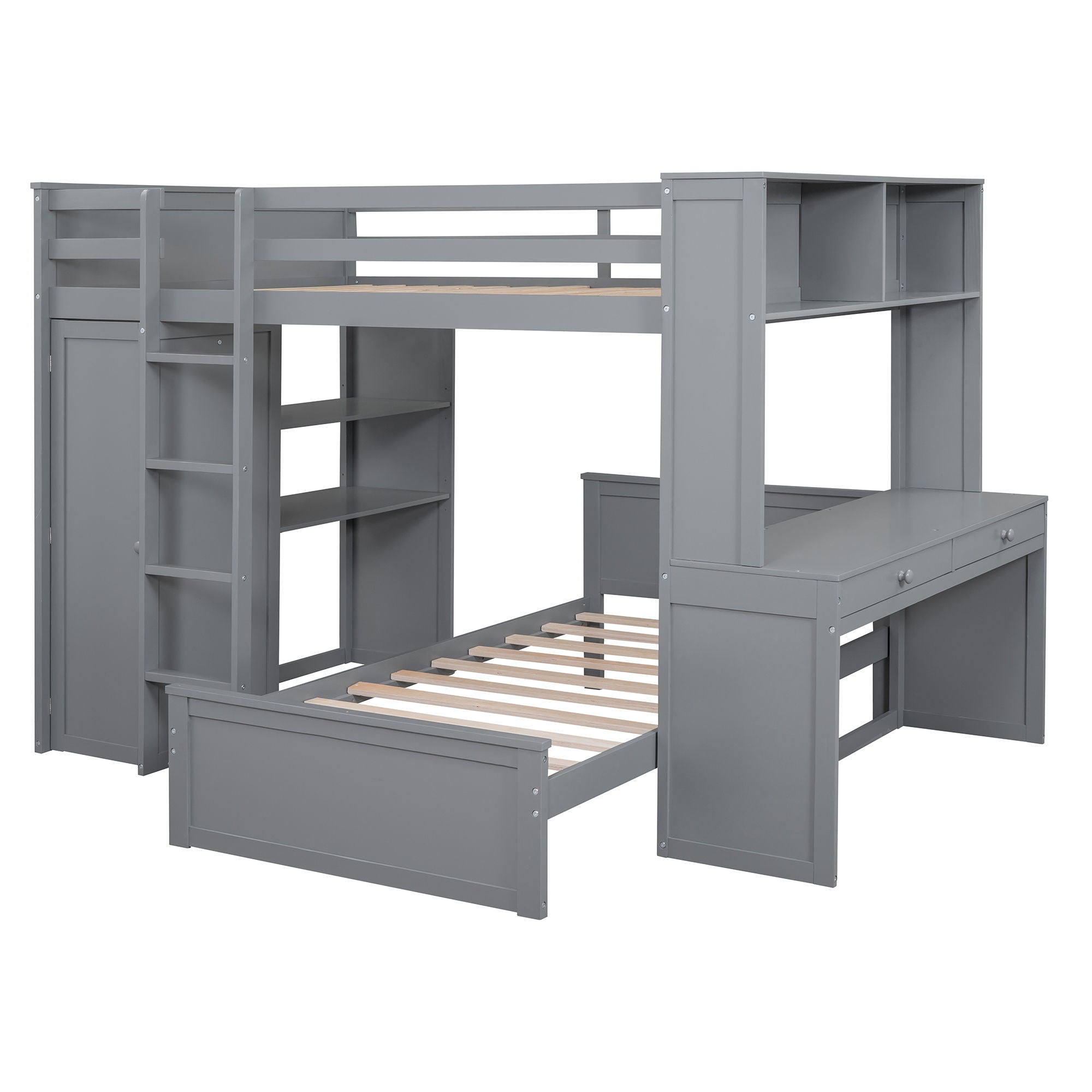 Loft Bed With A Twin Size Standalone Bed, Shelves, Desk, And Wardrobe
