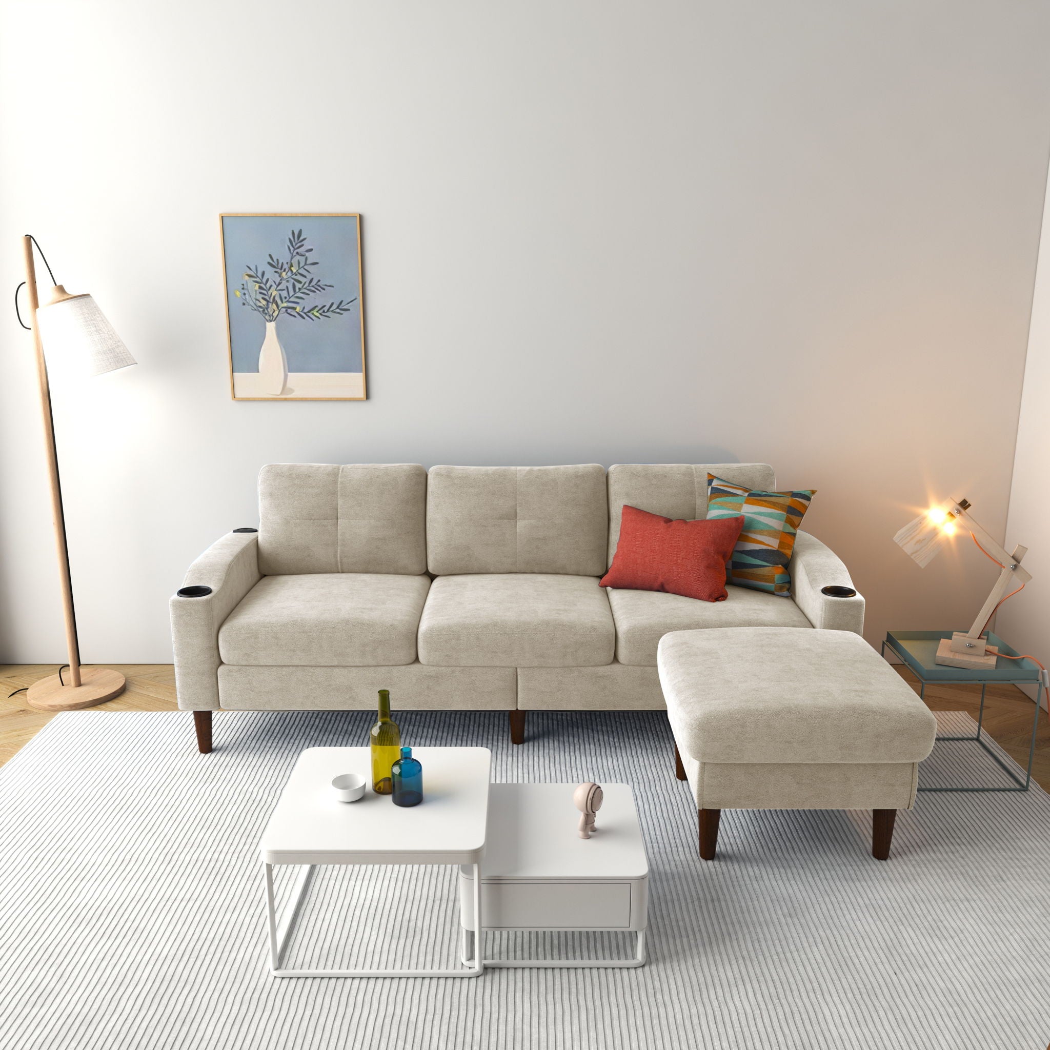 3 Seater Convertible Combination L Shaped Sofa With Footstools With Storage