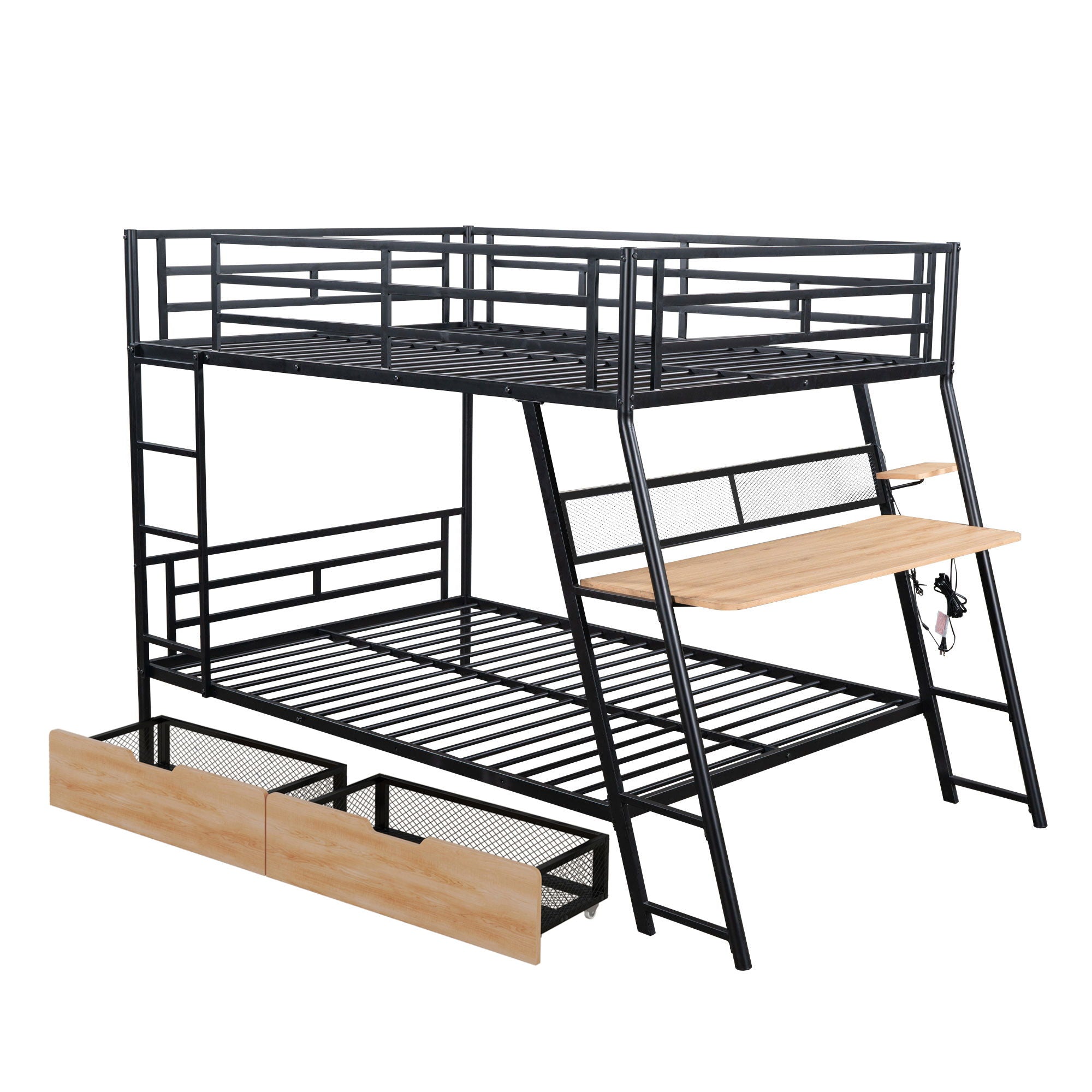 Full Size Bunk Bed With Built In Desk, Light, And 2 Drawers - Black