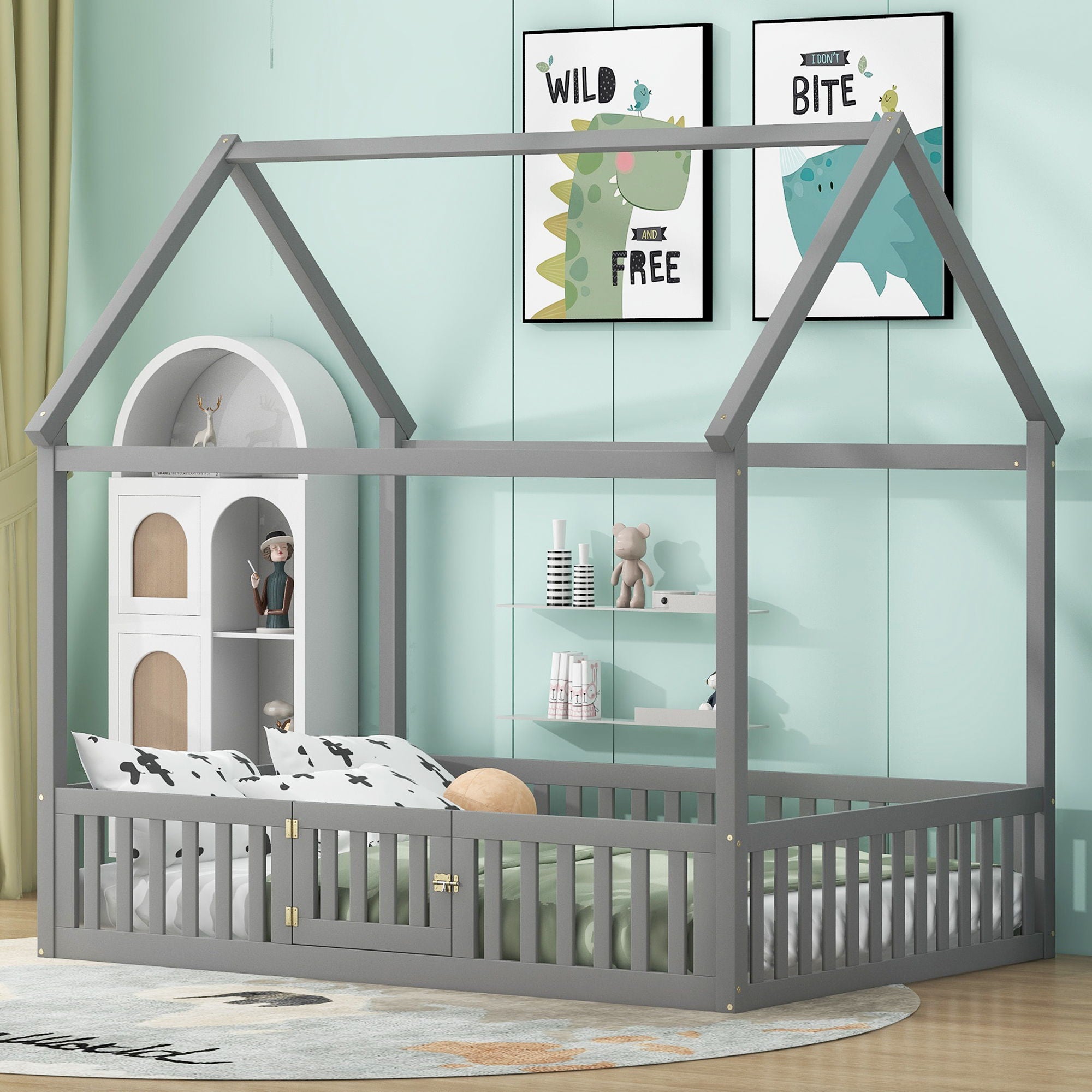 Wood House Bed With Fence And Door