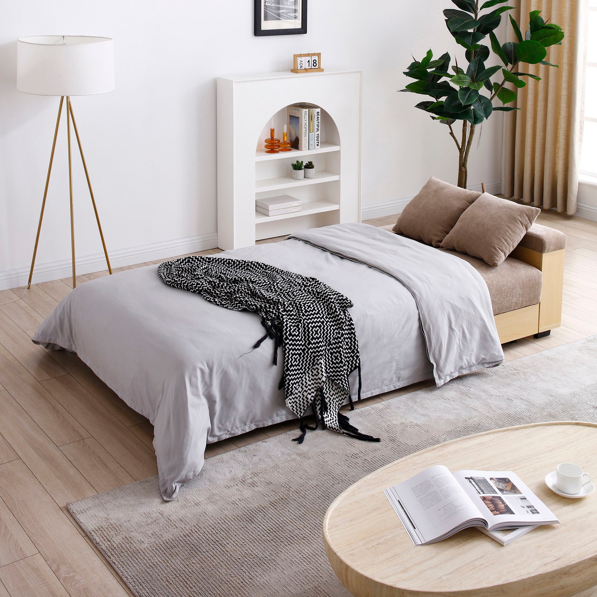 Convertible Sleeper Sofa Couch, Multifunctional Double Folding Sofa Bed, Storage Ottoman And Sofa Arm With Box And Drawer, Drop Down Table With 2Cup Holders For Living Room, Apartment, Office - Light Brown