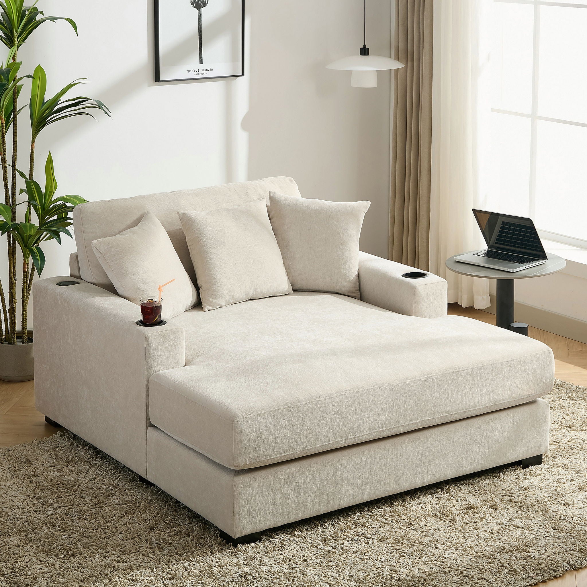 Oversized Chaise Lounger Modern Style Sofa Couch, With Pillows, Charge Station & Cup Holders