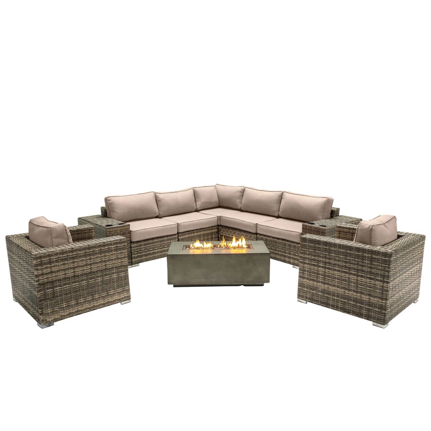 Rattan Wicker Patio Set With Cushions And Concrete Fire Pit