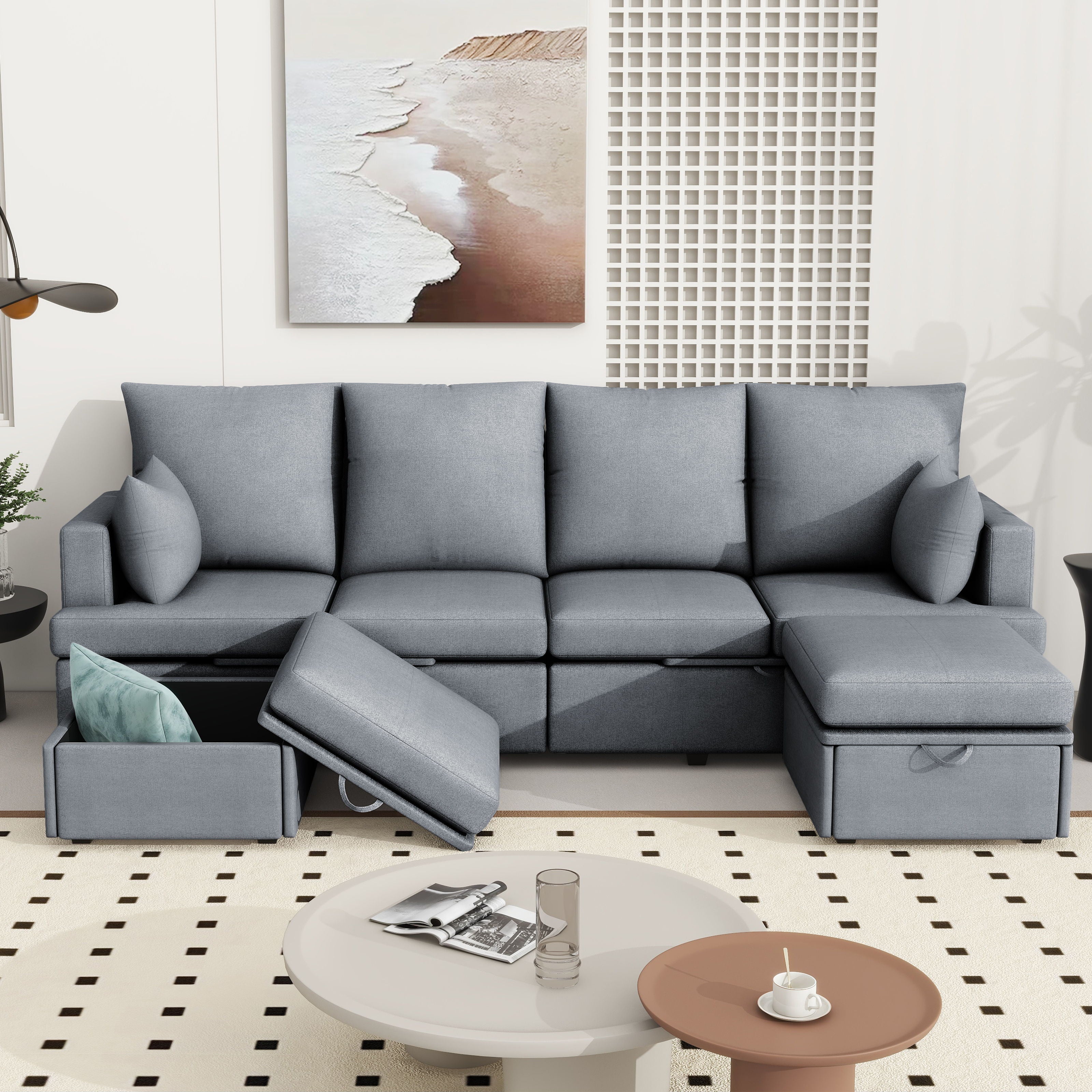 Modern Modular Sofa, 6 Seat Chenile Sectional Couch Set With 2 Pilows Included, Freely Combinable