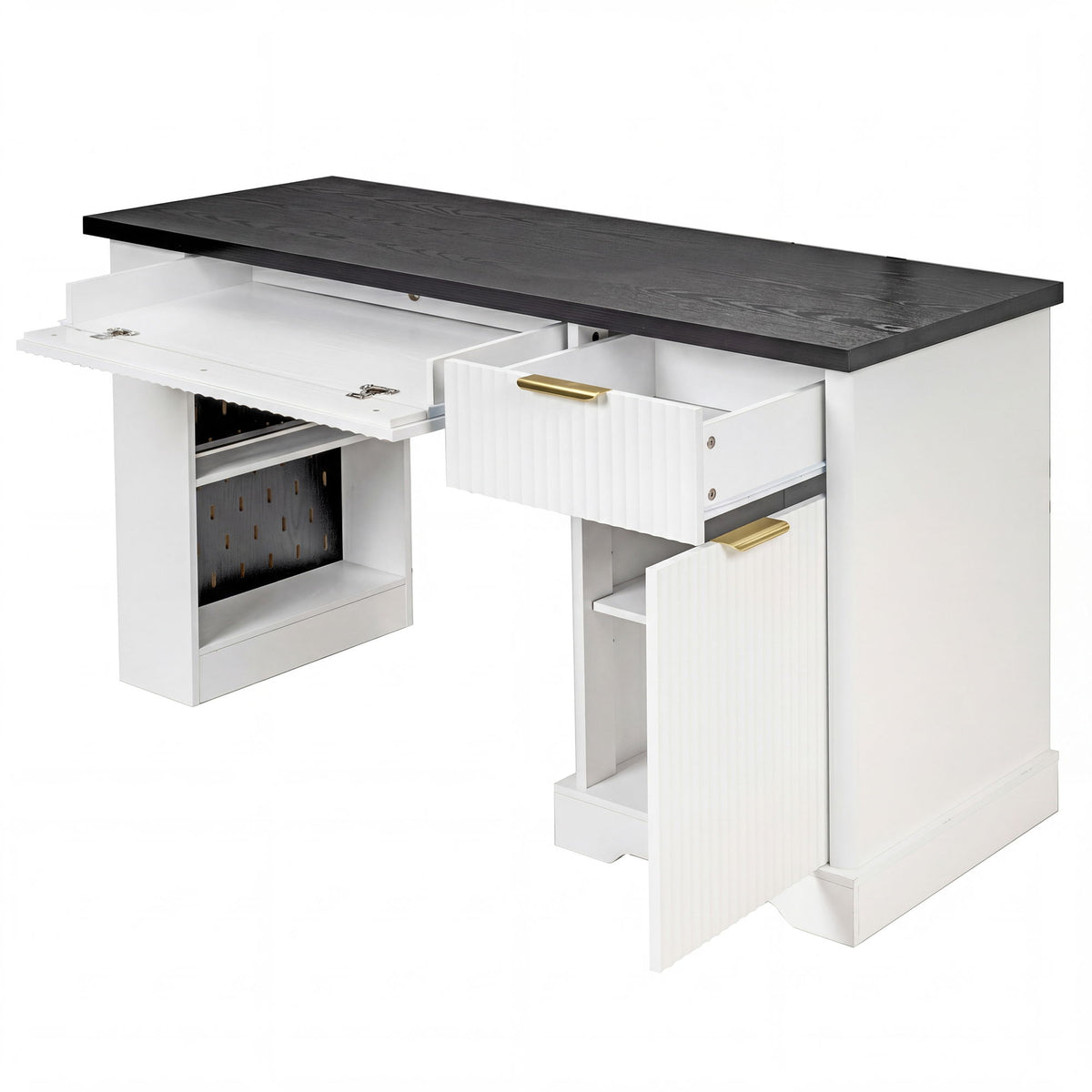 Fluted Office Desk With Storage Cabinet, Drawers, Power Outlet, Pegboard & Keyboard Tray - White