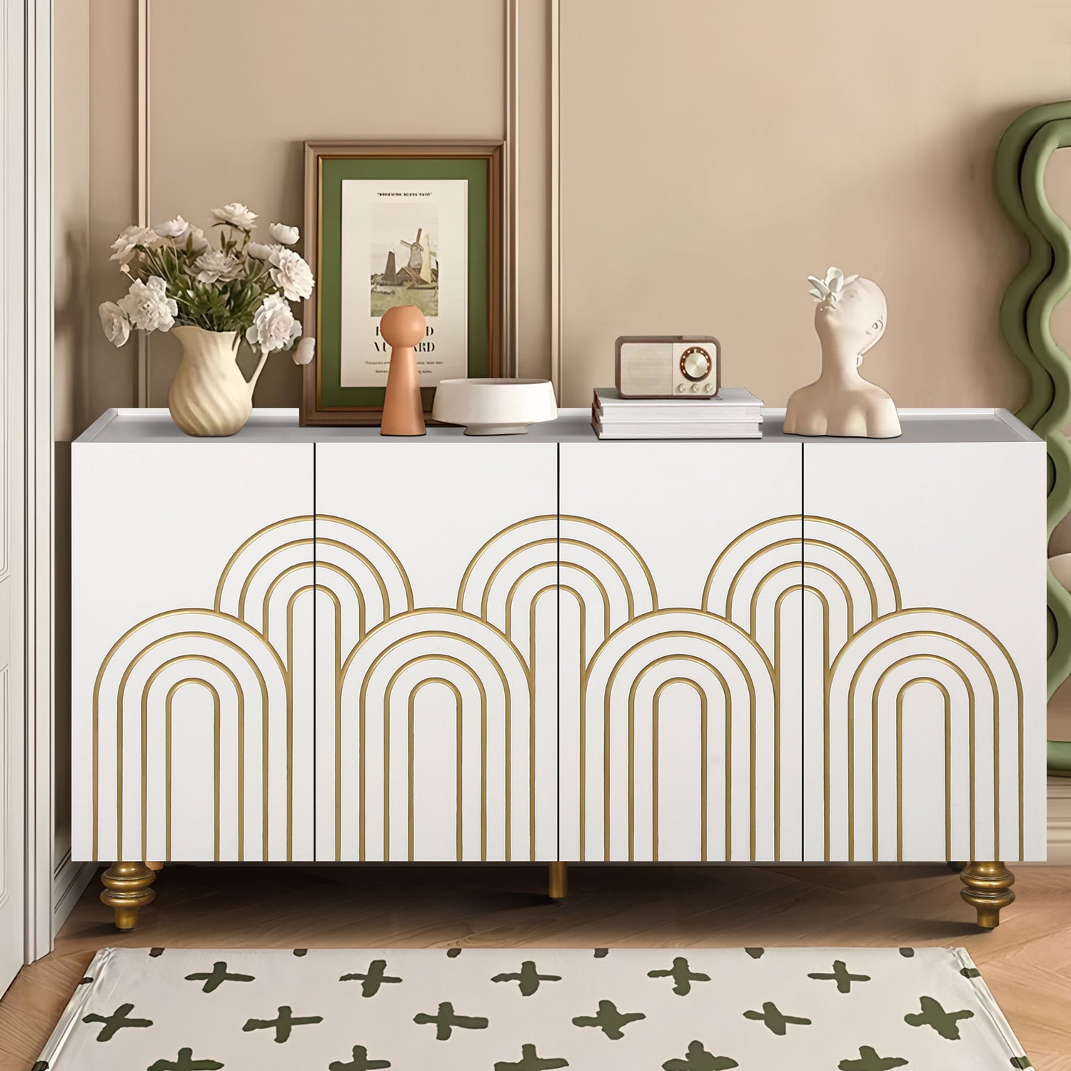 Modern Fluted Sideboard Buffet With Storage, Curve Element, 4 Doors With Adjustable Shelves