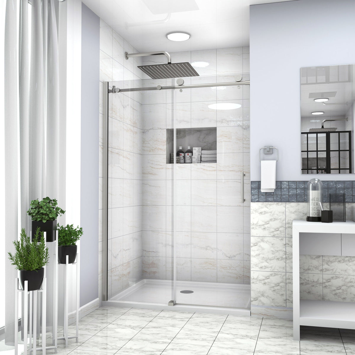 Shower Door Single Sliding Bypass Enclosure - Brushed Silver