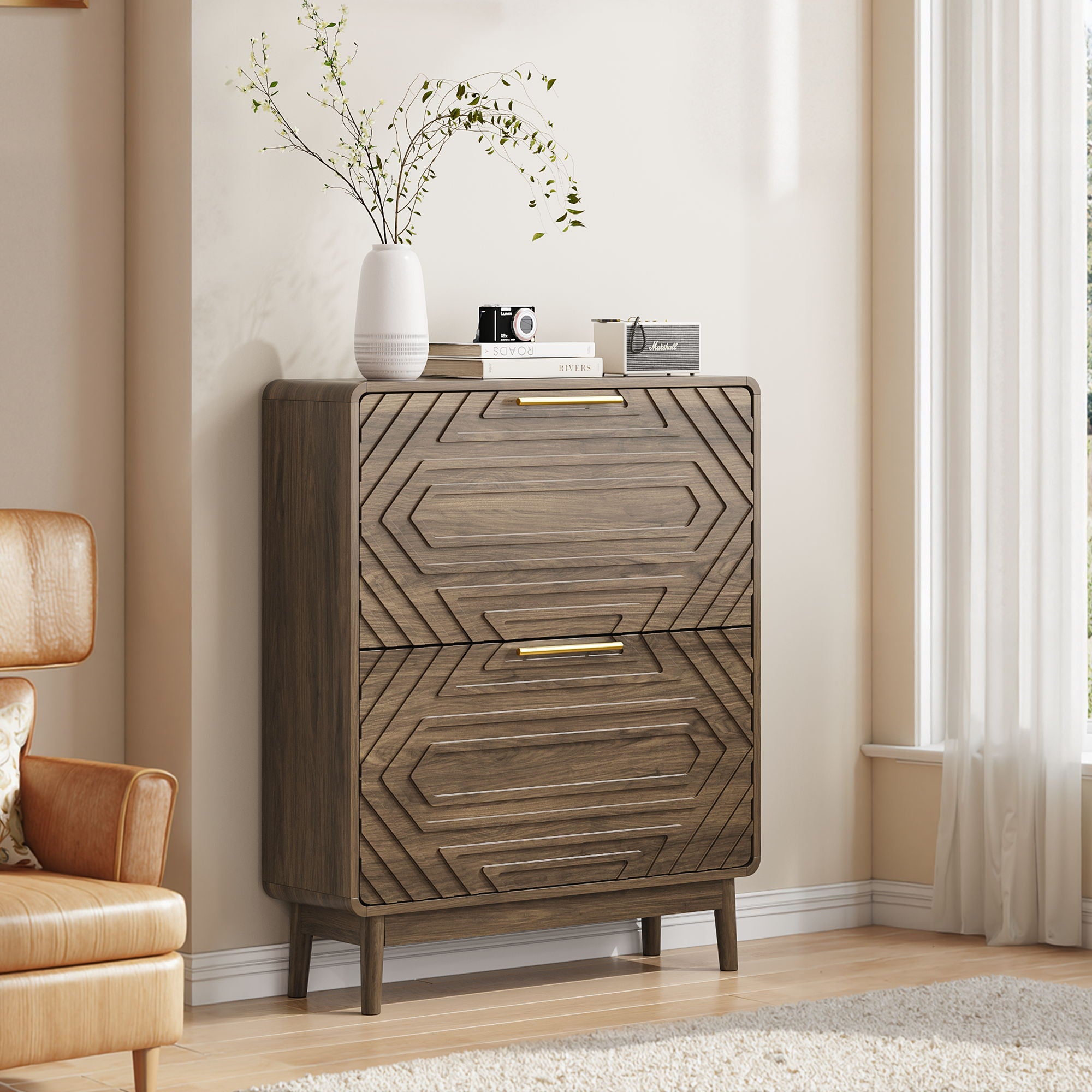 Freestanding Shoe Cabinet With 2 Flip Top Drawers For Entryway - Walnut