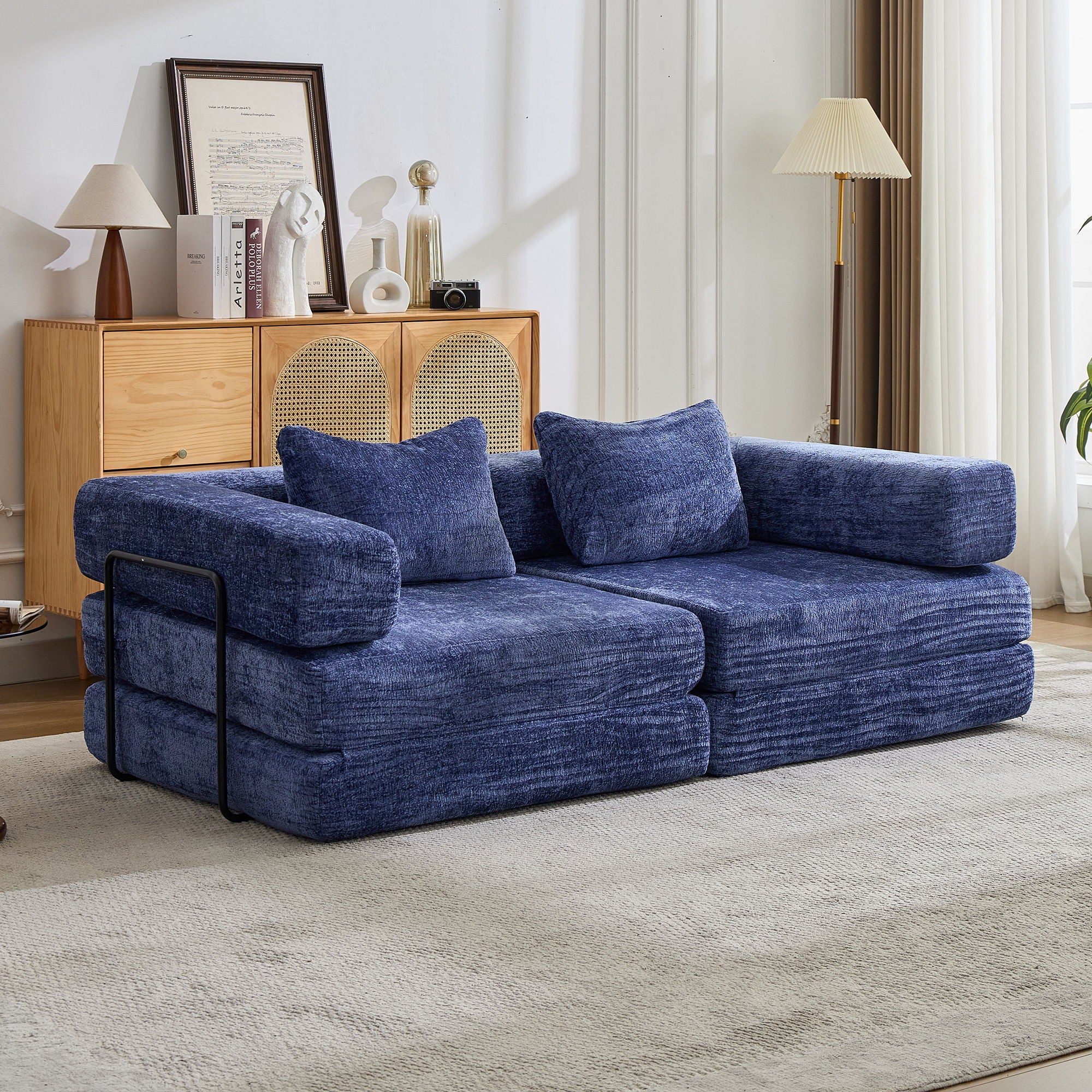 Convertible Floor Sofa Bed With Pillow Back Support Armrest