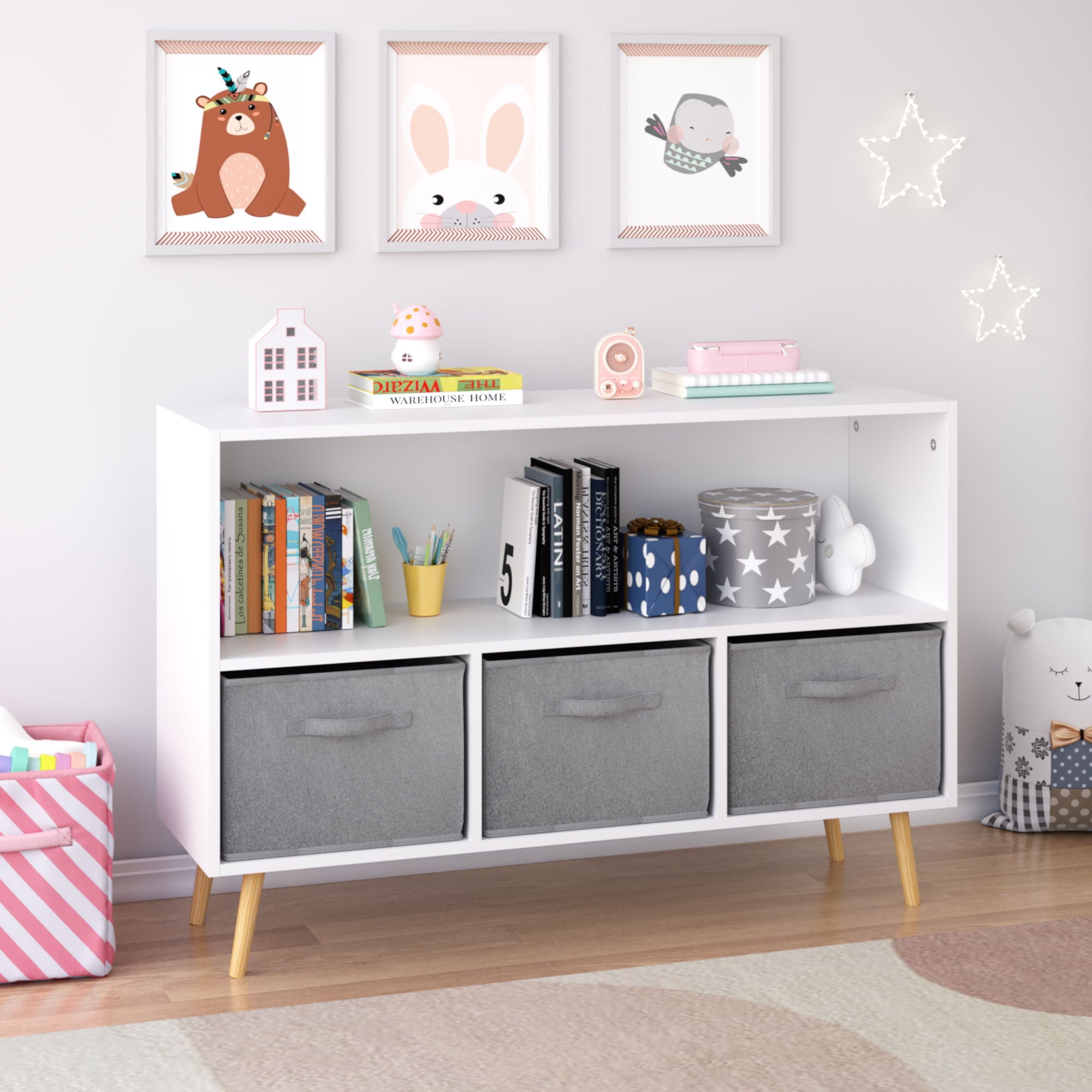 Kids Bookcase With Collapsible Fabric Drawers, Children&