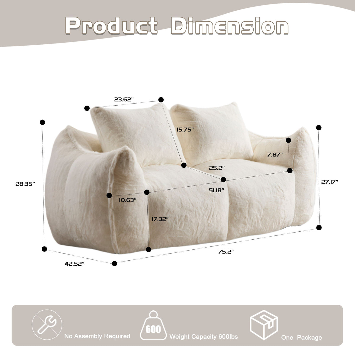 Giant Bean Bag Couch, Ultra Soft Fluffy Loveseat For Living Room