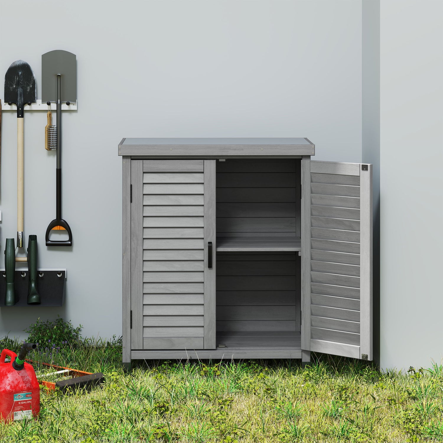 Potting Bench With Storage Cabinet And Metal Table Top For Outdoor