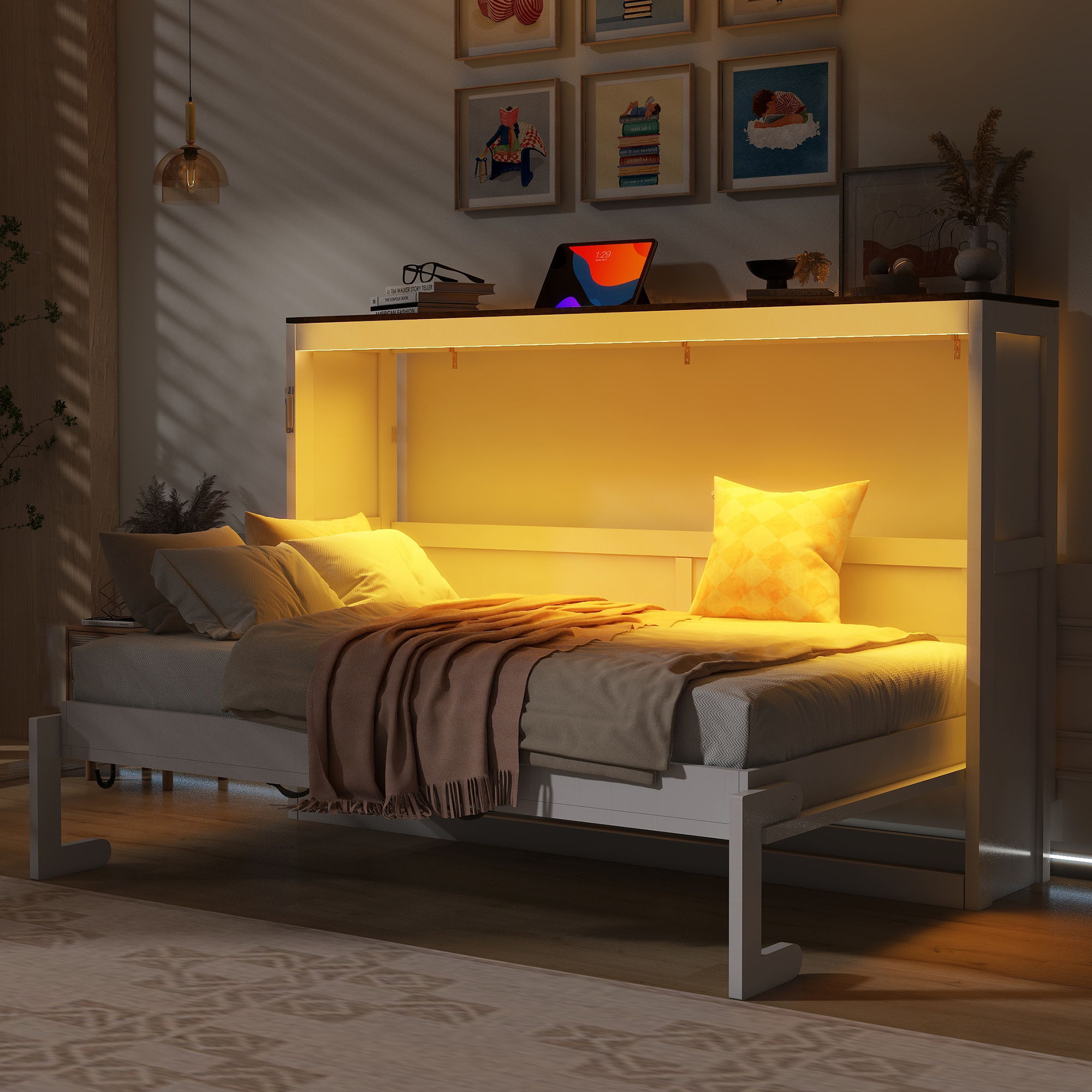 Murphy Bed With LED Light, Foldable Wall Bed Cabinet