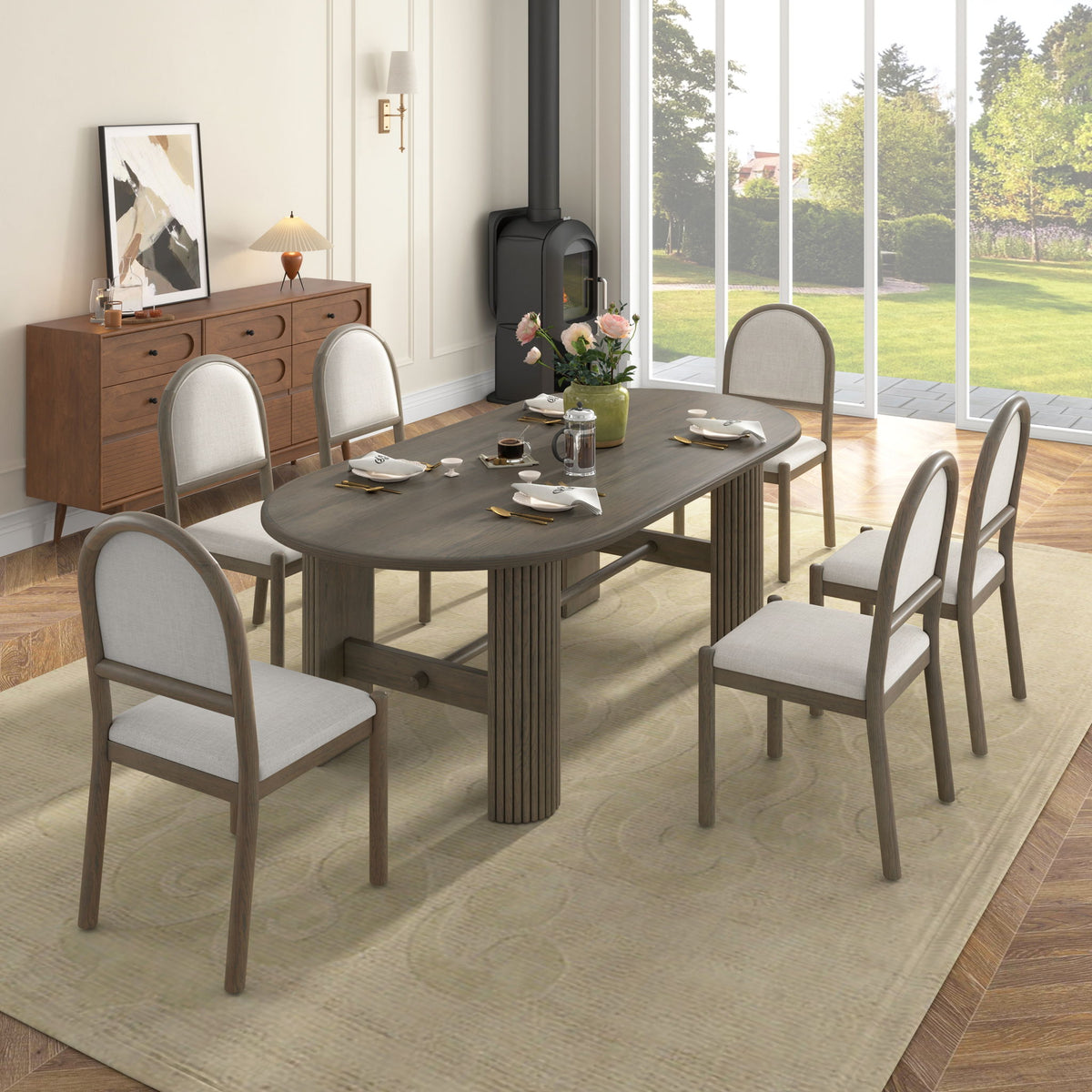 Oval Dining Table Set For 6 With 6 Upholstered Chairs