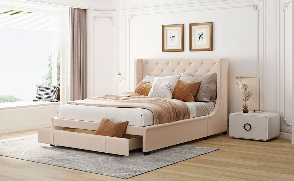 Storage Bed Velvet Upholstered Platform Bed With Wingback Headboard And A Big Drawer