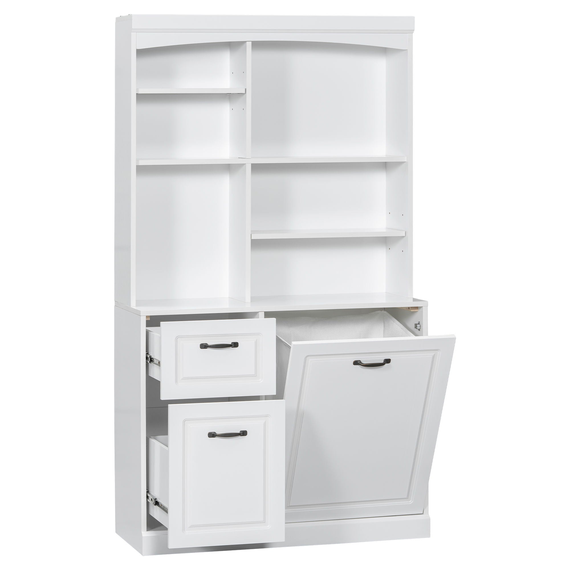 Bathroom Storage Cabinet With Tilt Out Hamper, Tall Free Standing Organizer With Drawers & Adjustable Shelves, Linen Tower With Steel Handles - White