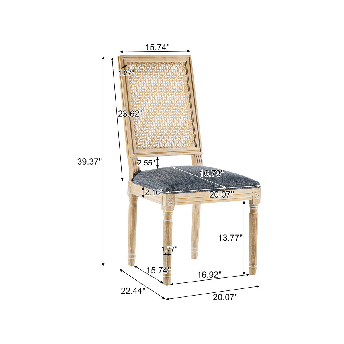French Country Dining Chair With Rectangular Cane Backrest And Smooth Upholstered Seating