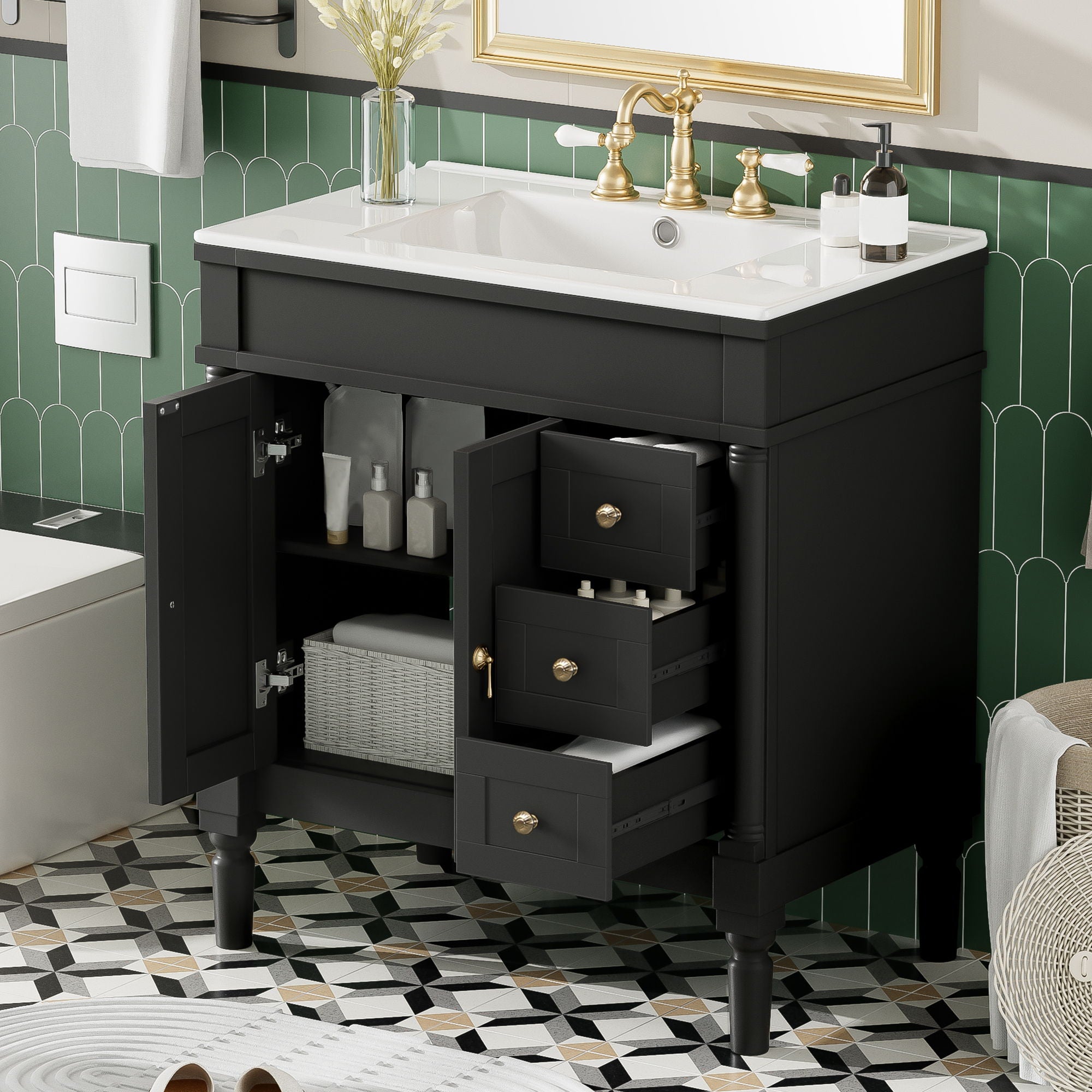 Bathroom Vanity With Ceramic Sink, 2 Doors 3 Drawers, Soft Close Design