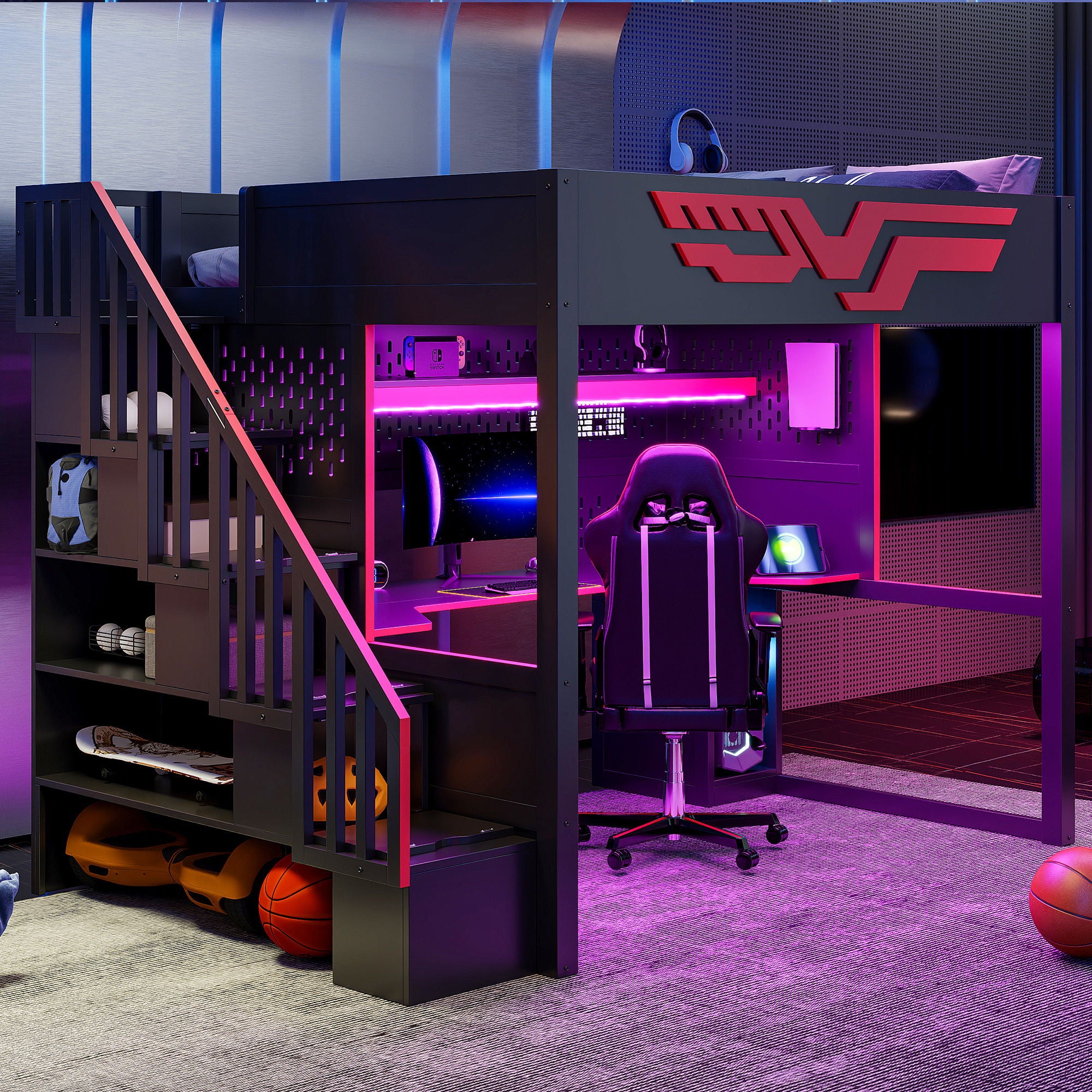Full Gaming Loft Bed With Desk And Storage Staircase, LED Lights And USB - Red / Black
