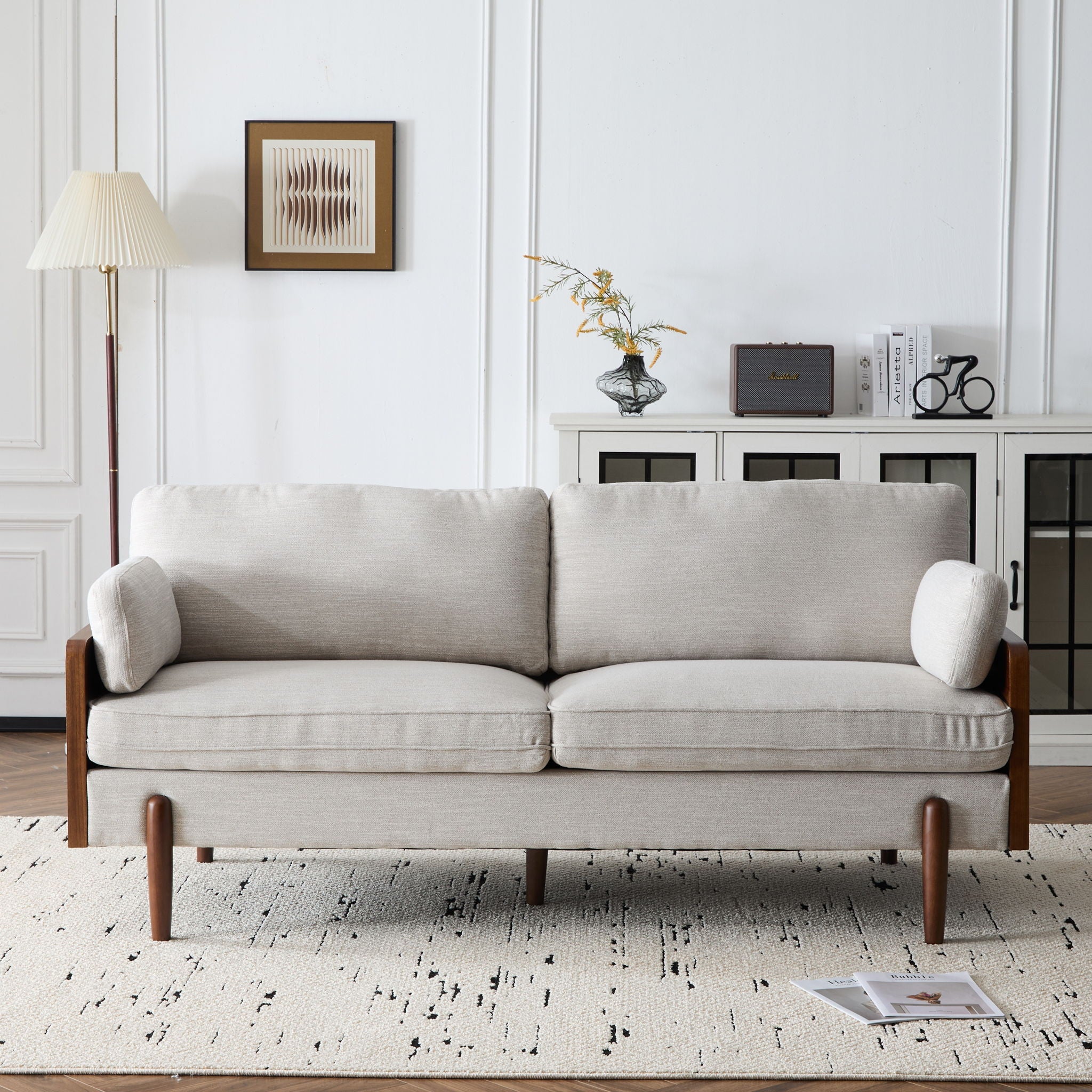 Sofa With Wood Sides And Rounded Legs - Beige