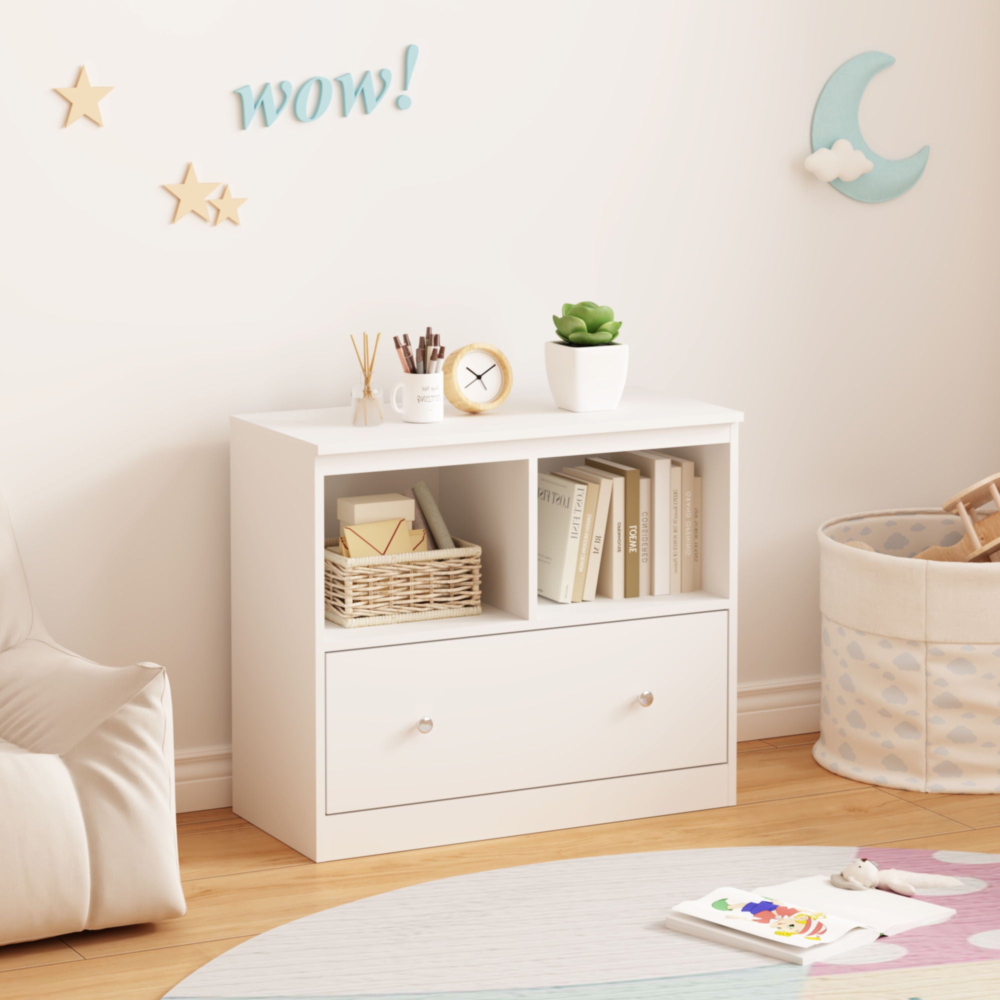 Toy Storage Organizer With Large Drawer And Low Bookshelf For Nursery & Playroom - White