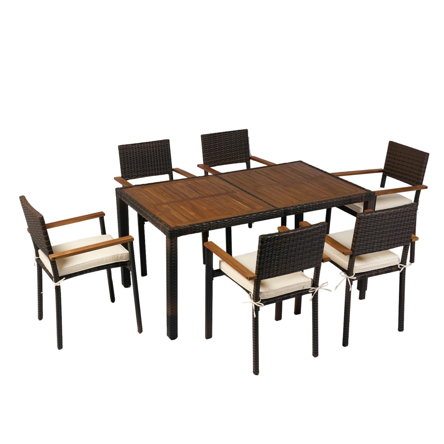 7 Piece Outdoor Patio Wicker Dining Set Patio Wicker Furniture Dining Set With Top - Brown / Cream