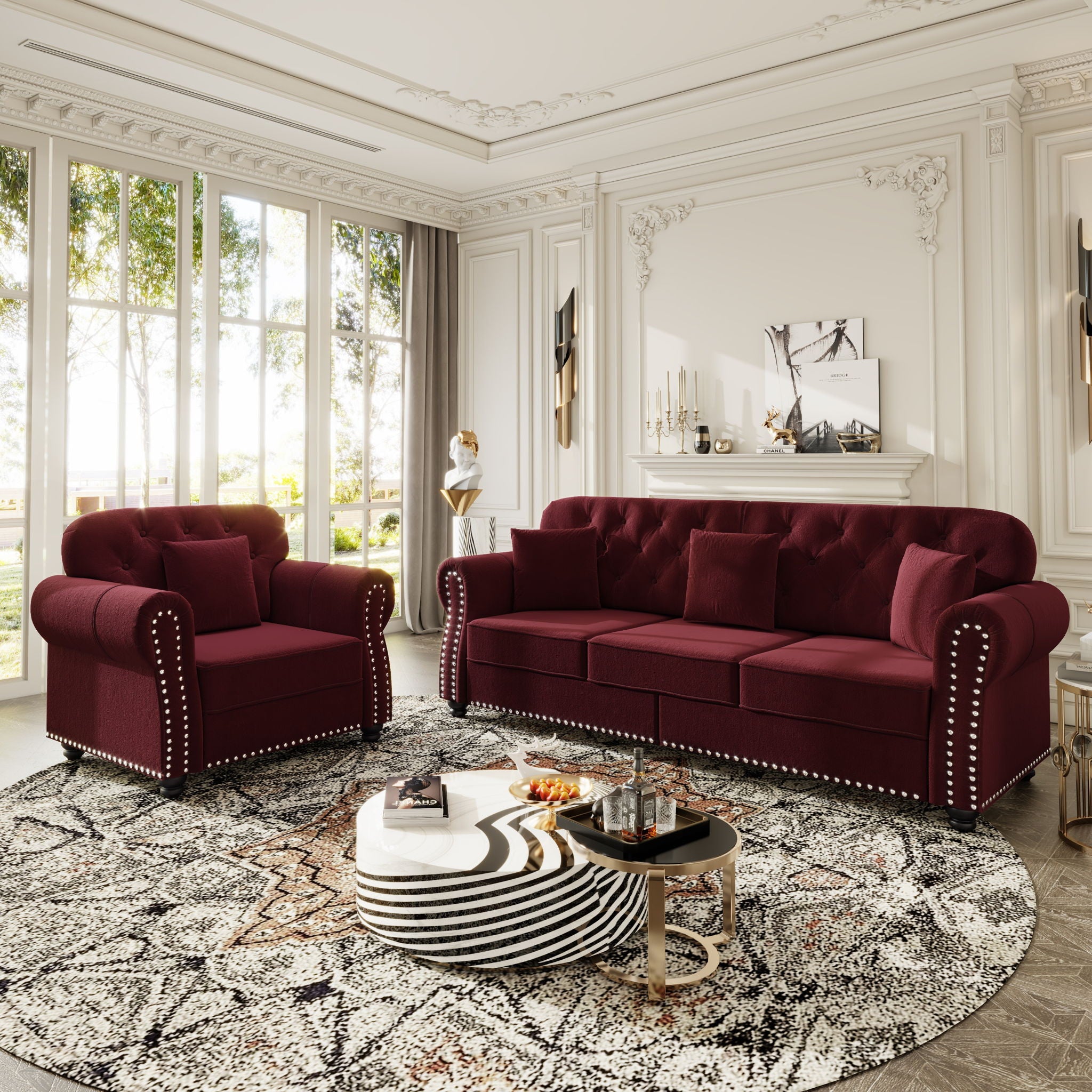 Upholstered Sofa Set With Nailhead Trim And Rolled Armrests, Includes Pillows