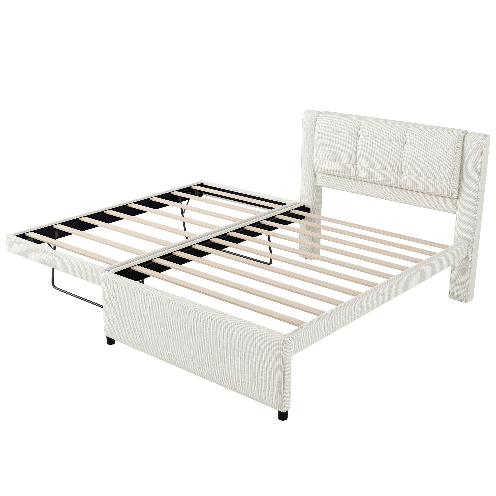 Full Size Upholstered Platform Bed With Adjustable Trundle - Beige