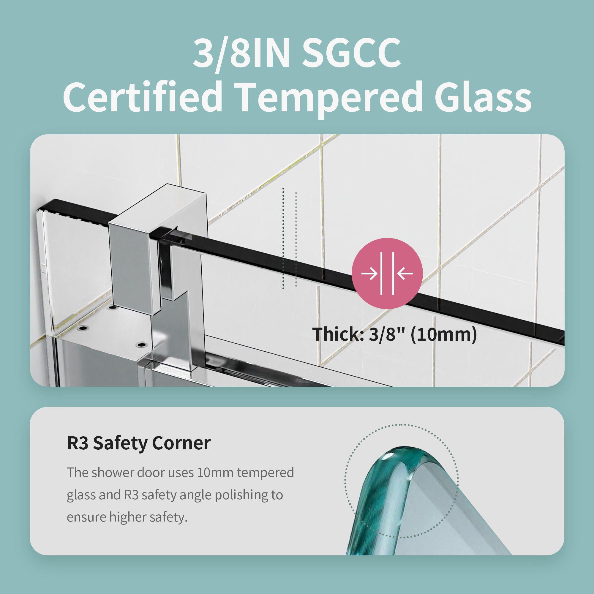 Frameless Sliding Shower Door With Soft- Close, 3 / 8" Tempered Glass