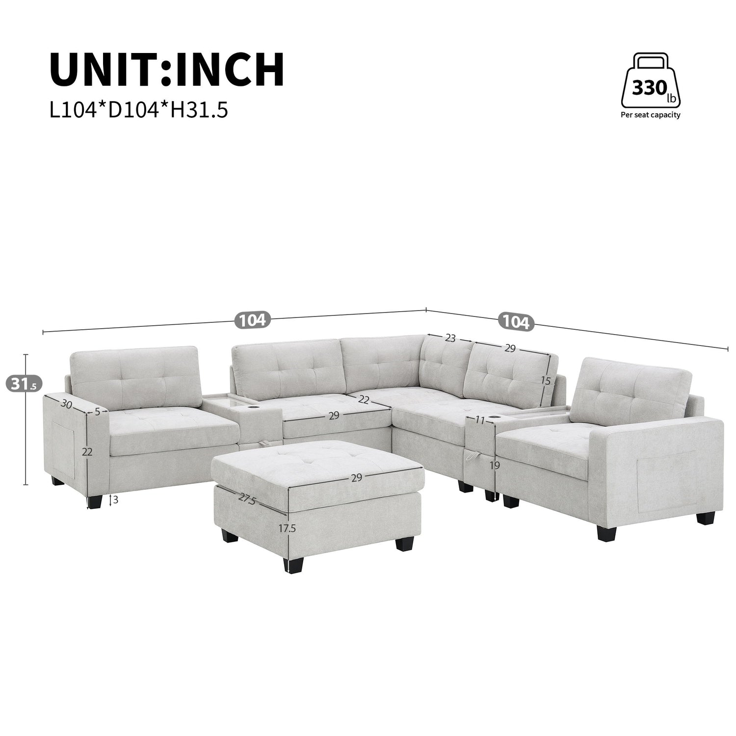 Sectional With Acrylic Table Top U Shaped Couch Set With 2 Consoles USB Charger, Storage Drawers And Pockets Movable Ottoman Tufted Sofa