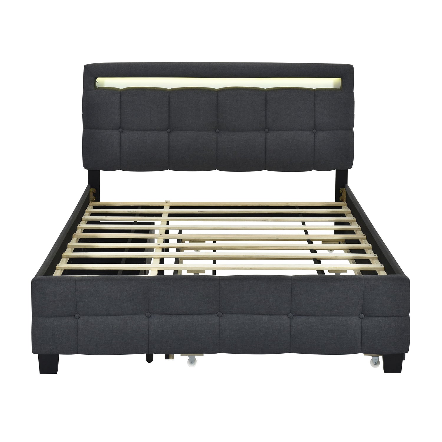 Upholstered Platform Bed With LED Frame, With Trundle And 2 Drawers