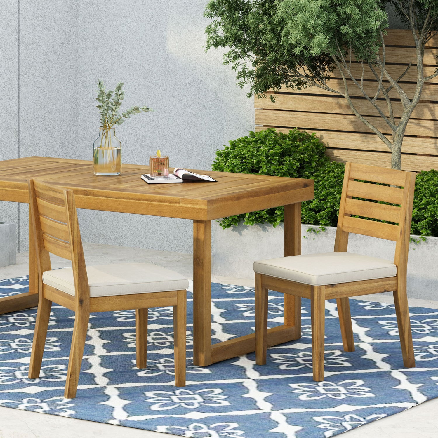 Outdoor Armless Dining Chair With Cushions (Set of 2) - Natural / Beige