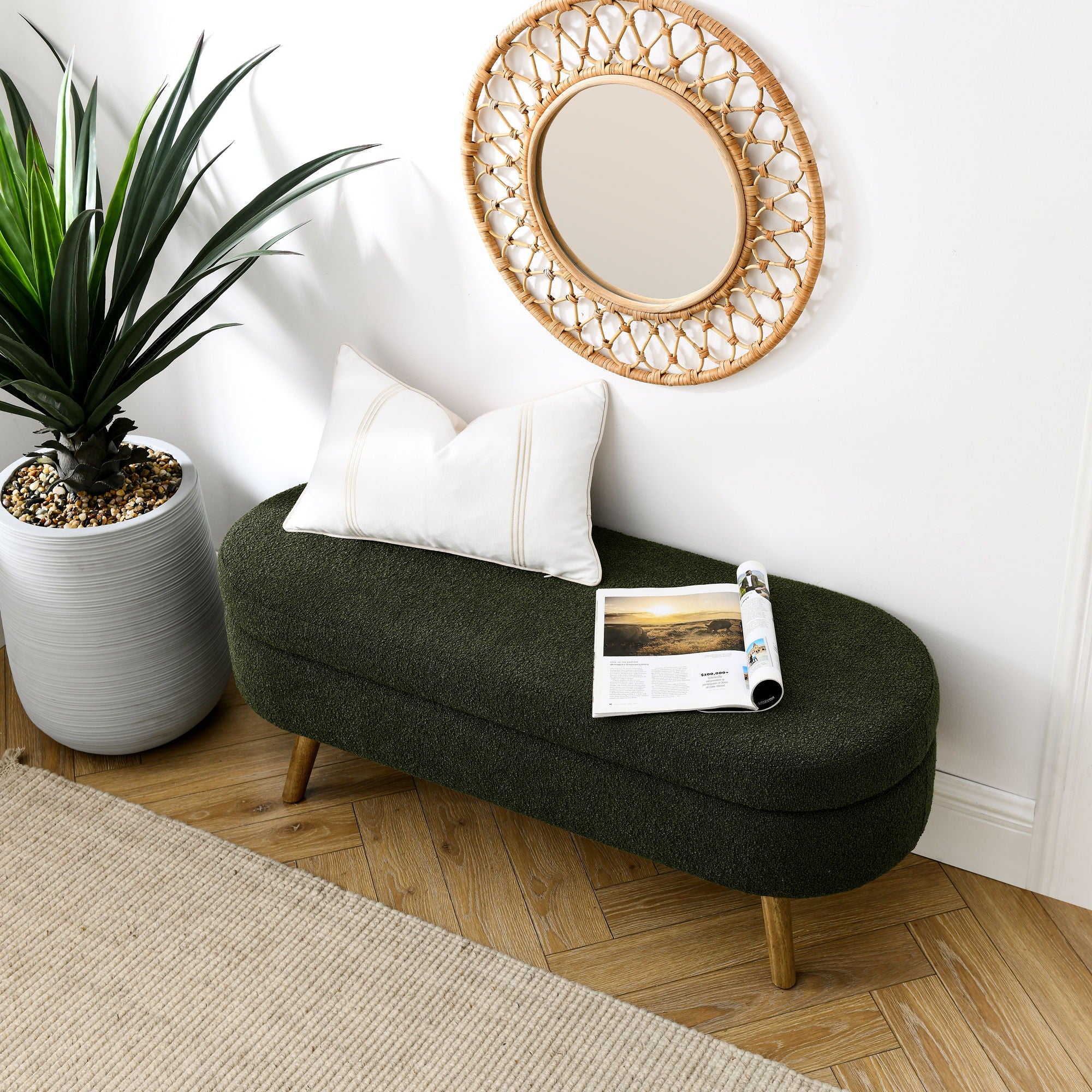 Elegant Ottoman Oval Storage Bench With Rubber Wood Legs Foam Upholstery - Green