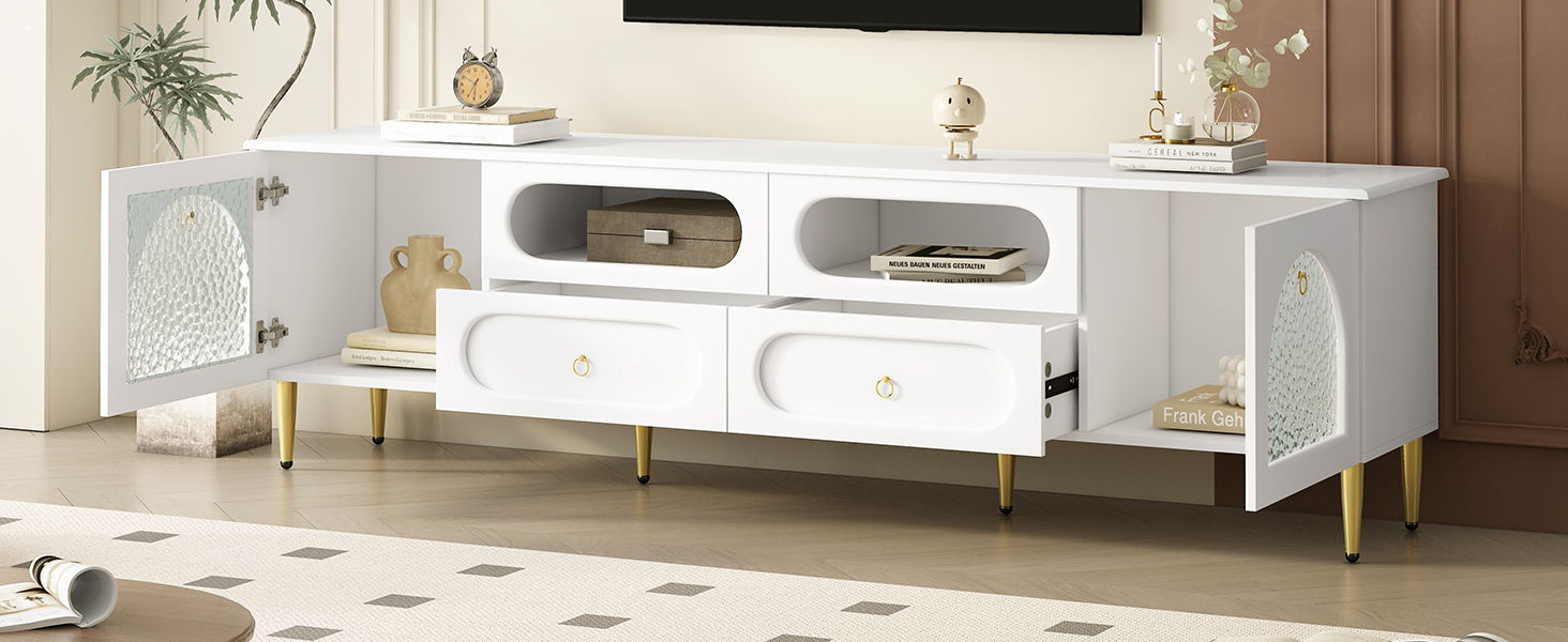 Retro TV Stand With 6 Metal Legs, 2 Cabinets, 4 Drawers And Anti-Tip Device