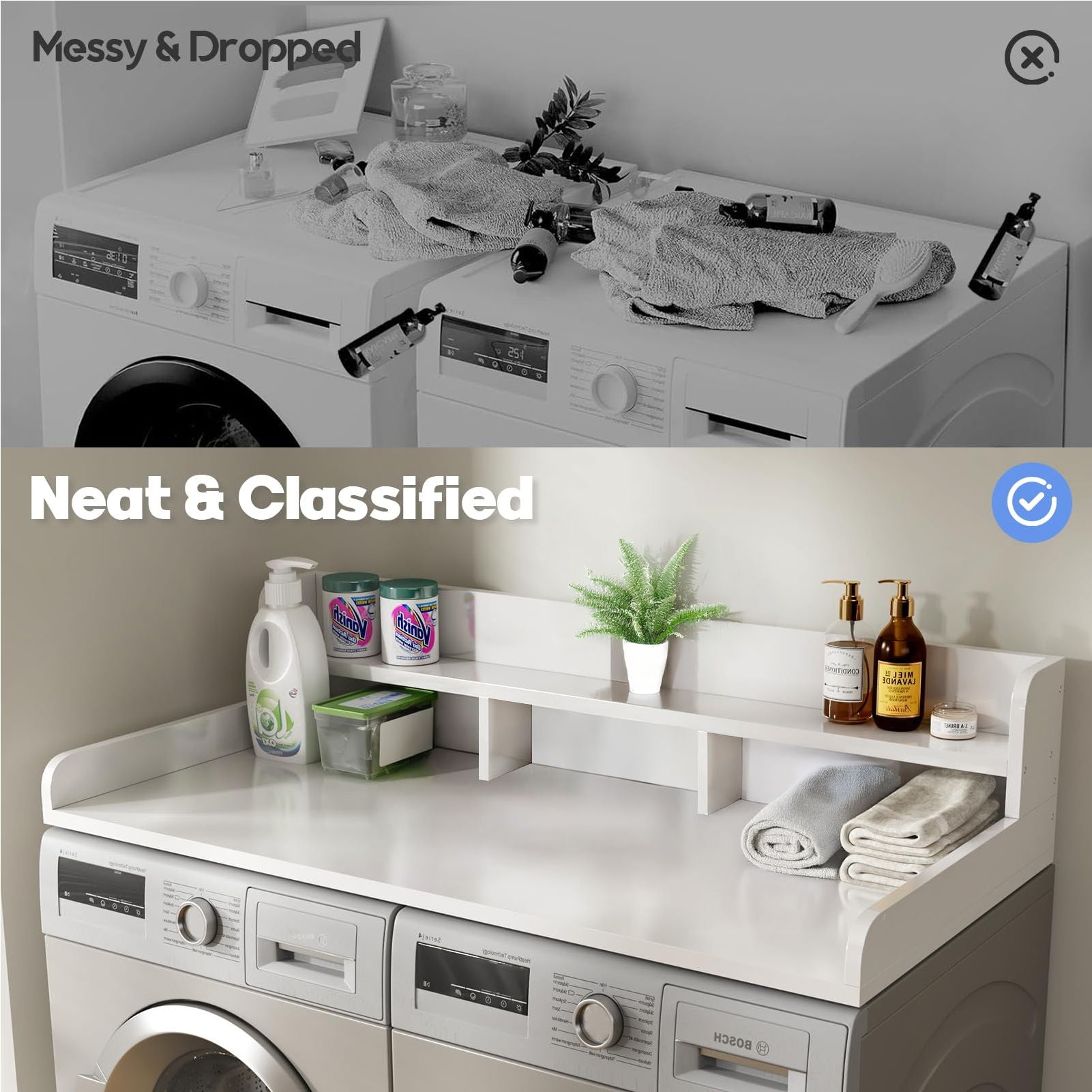 Washer Dryer Countertop Organizer, Double Layer Wooden Laundry Shelf Topper With Edge For Storage - White