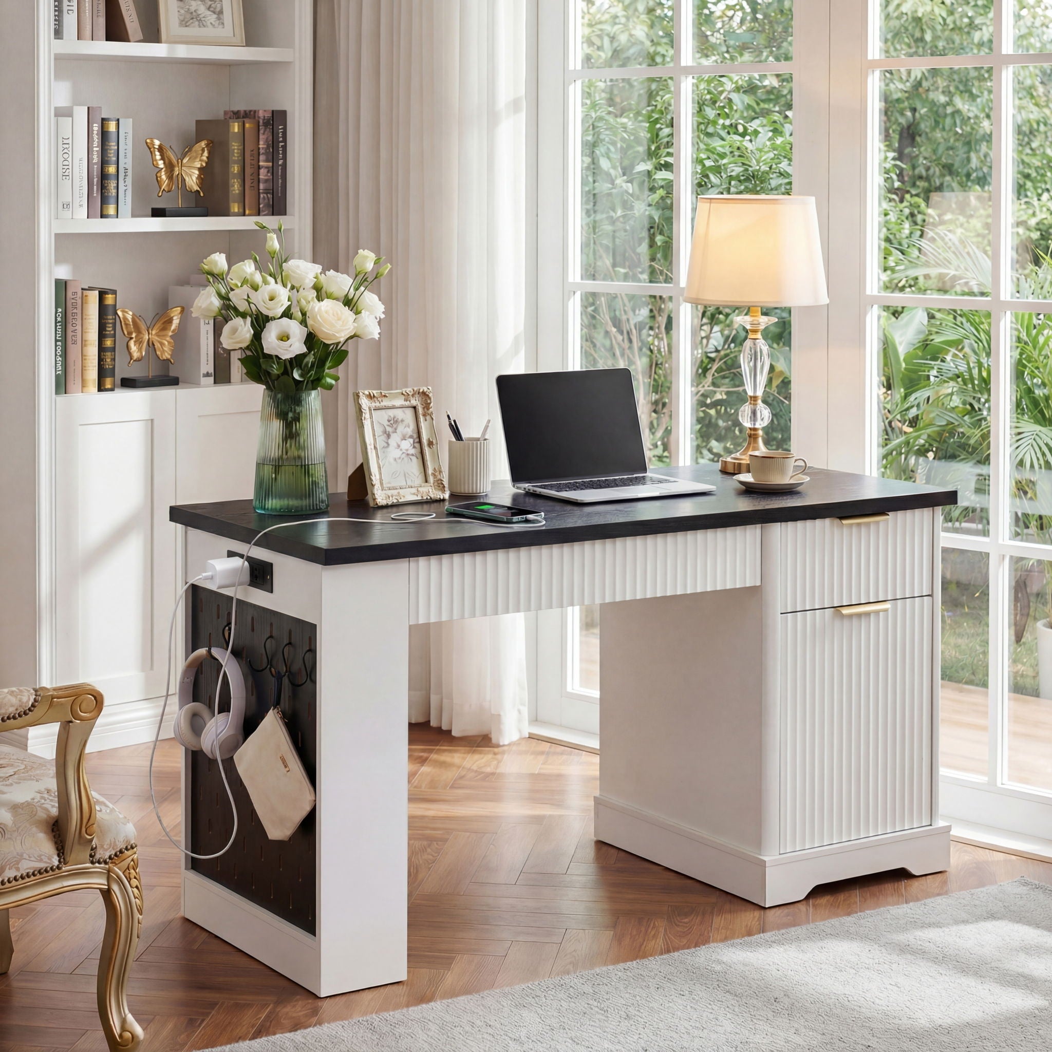 Modern Fluted Office Desk With Storage Cabinet