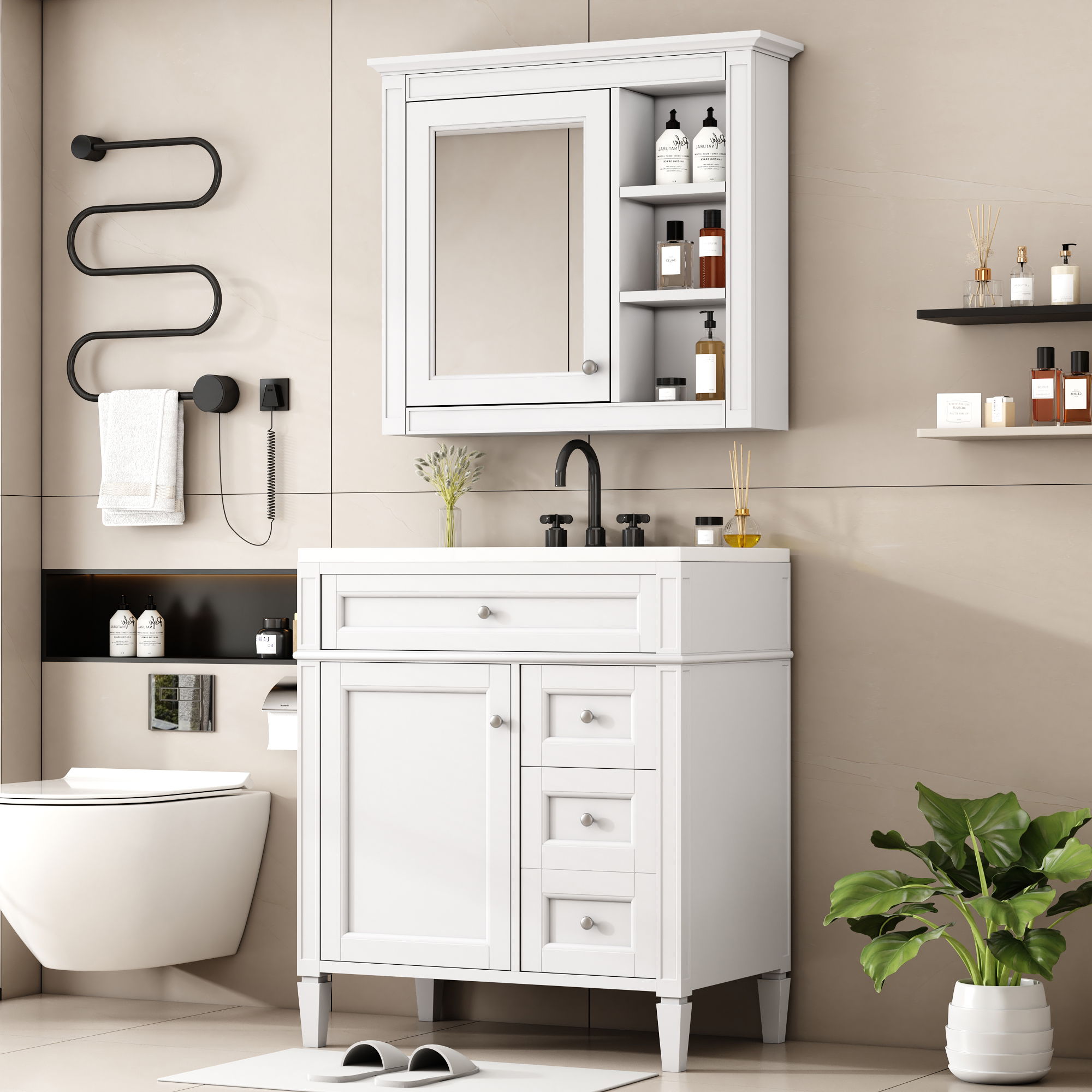 Bathroom Vanity With Top Sink, Storage Cabinet With 2 Drawers And Tip Out Drawer, Freestanding Set With Mirror Cabinet